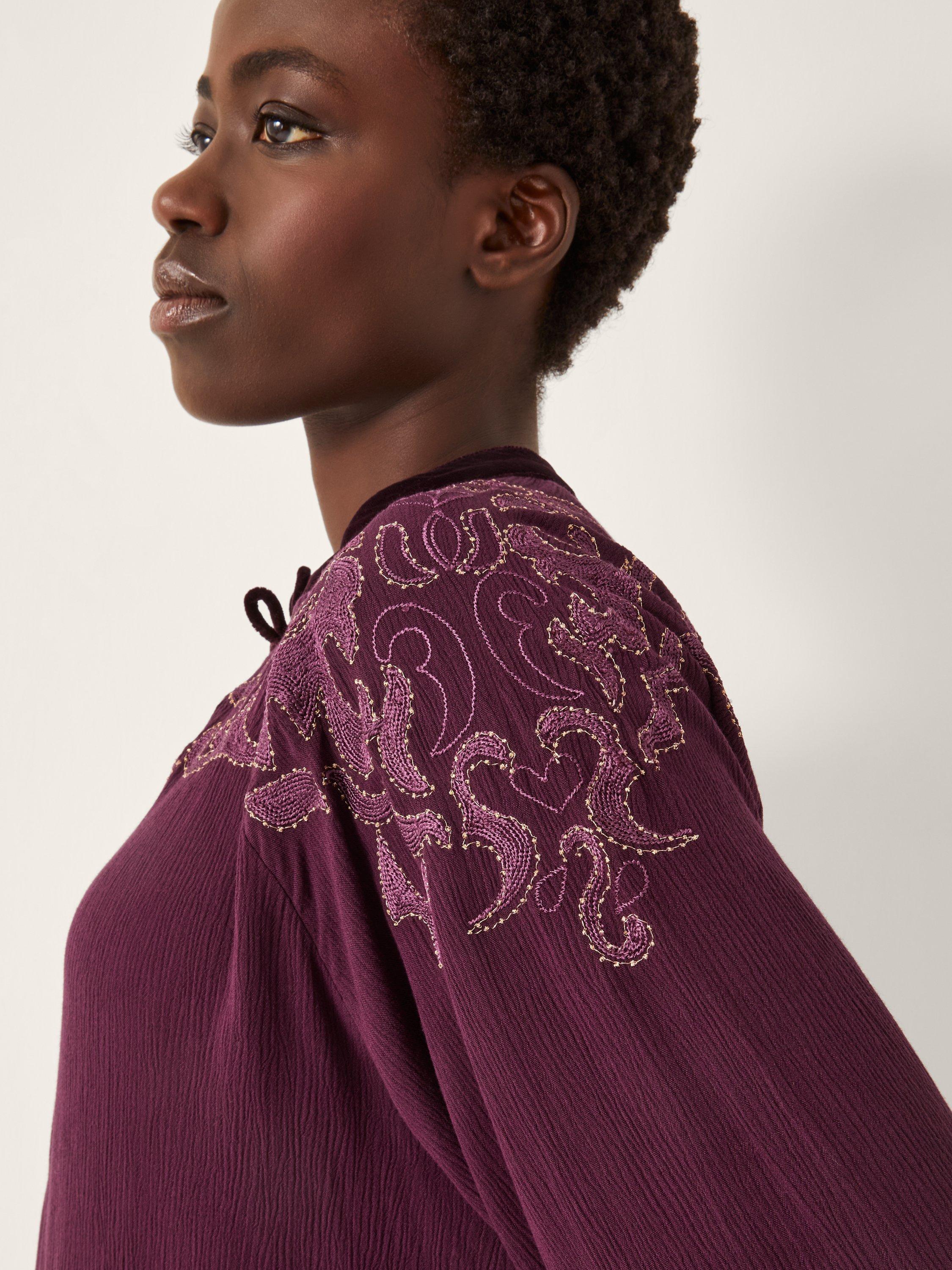 Product image 4 of 5, which shows Monsoon Mallory Embroidered Blouse, Purple, S