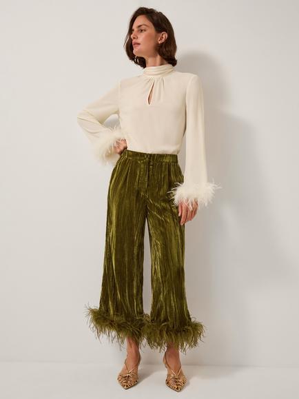 Monsoon Olivia Plisse Feather Trousers, Olive, Olive