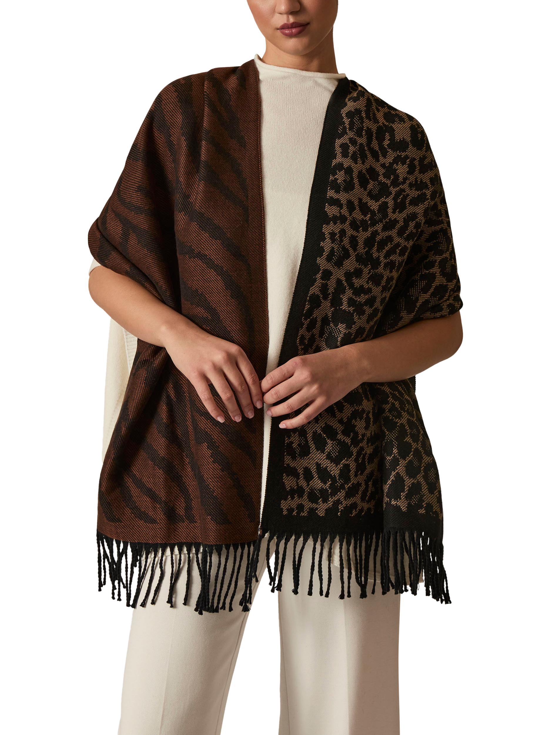 Product image 1 of 3, which shows James Lakeland Leopard Print Tassels Scarf, Brown/Multi, One Size