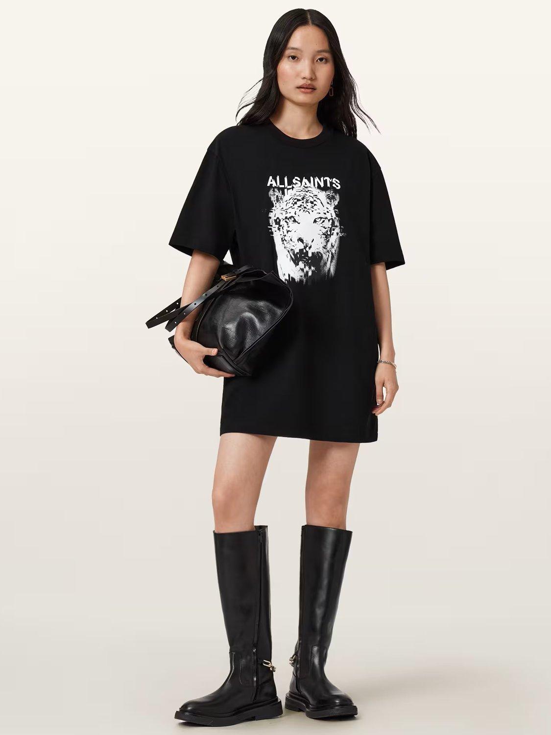 Product image 1 of 4, which shows AllSaints Static Graphic T-Shirt Dress, Black, XS