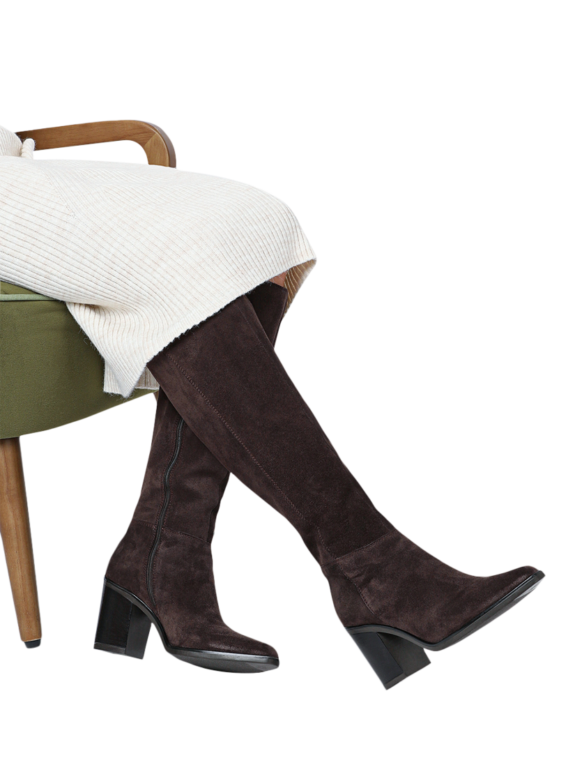 Product image 2 of 6, which shows Jones Bootmaker Cagliaril Suede Medium Width Knee High Boots, Chocolate, 6