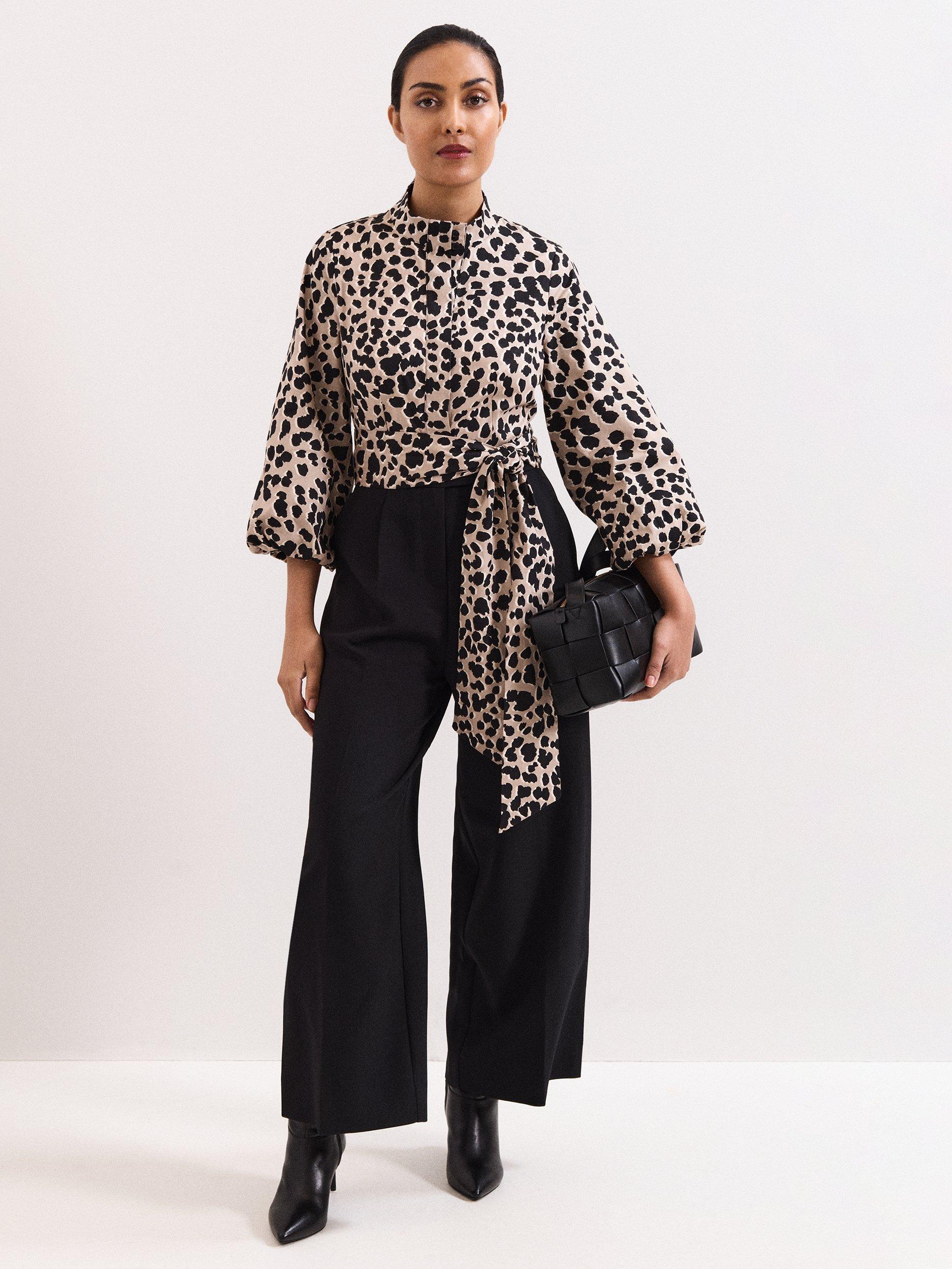 Product image 1 of 7, which shows Phase Eight Petite Bree Leopard Print Wide Leg Jumpsuit, Black/Multi, 10