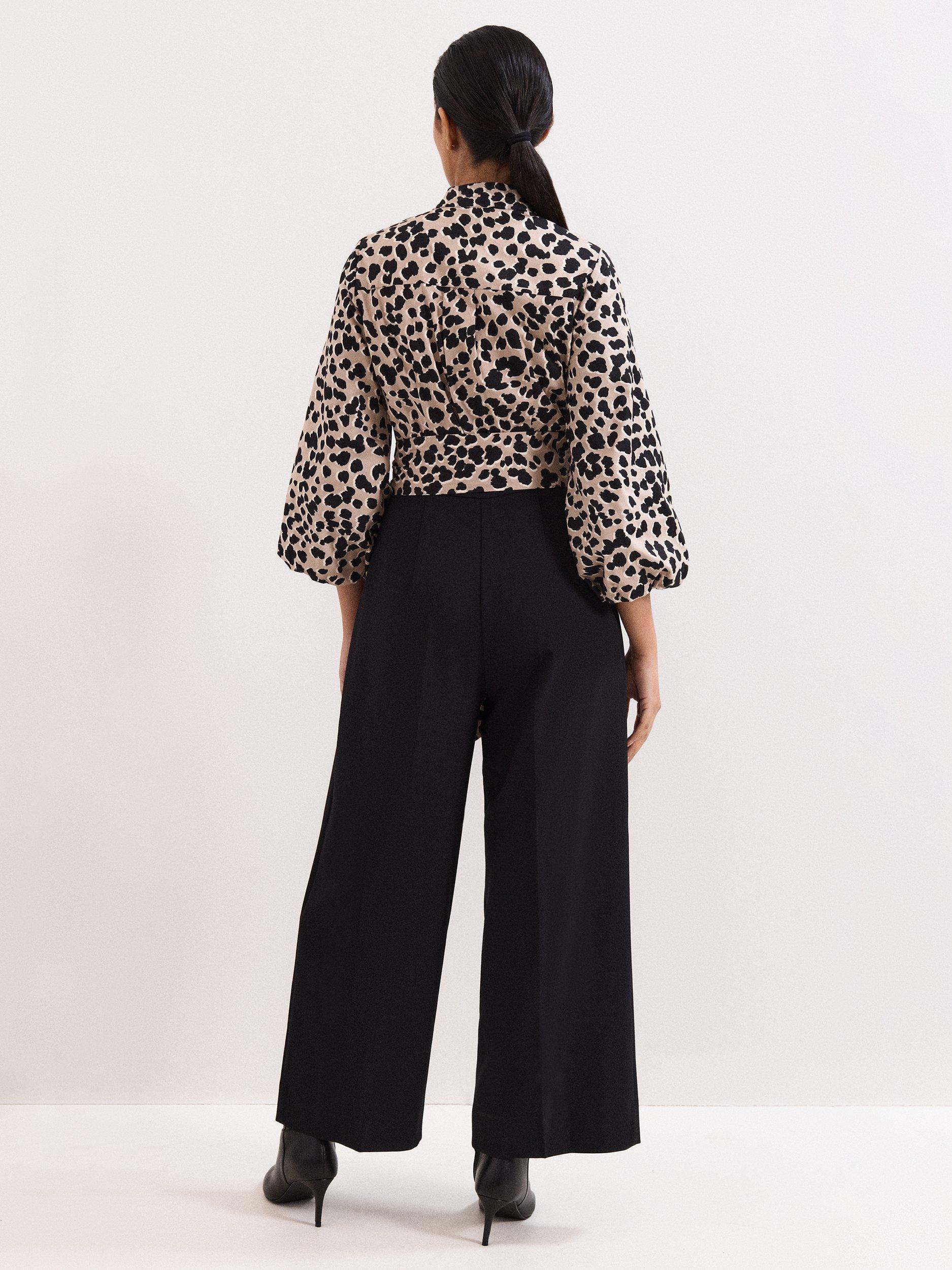 Product image 2 of 7, which shows Phase Eight Petite Bree Leopard Print Wide Leg Jumpsuit, Black/Multi, 10