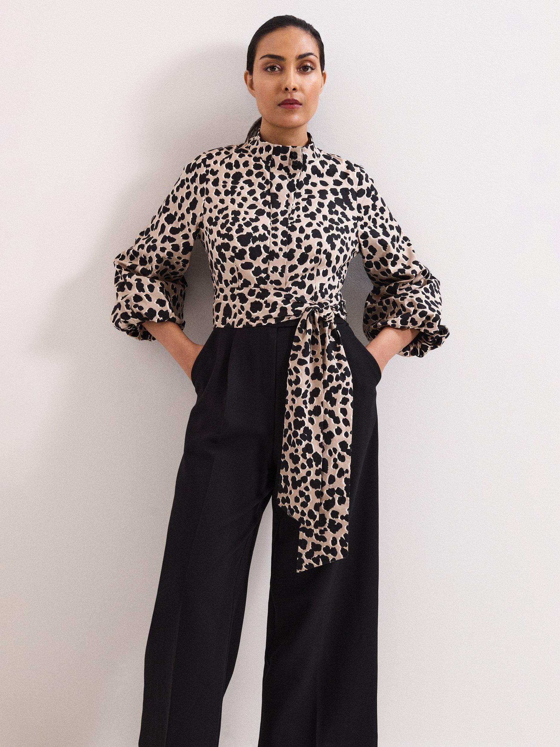 Product image 3 of 7, which shows Phase Eight Petite Bree Leopard Print Wide Leg Jumpsuit, Black/Multi, 10
