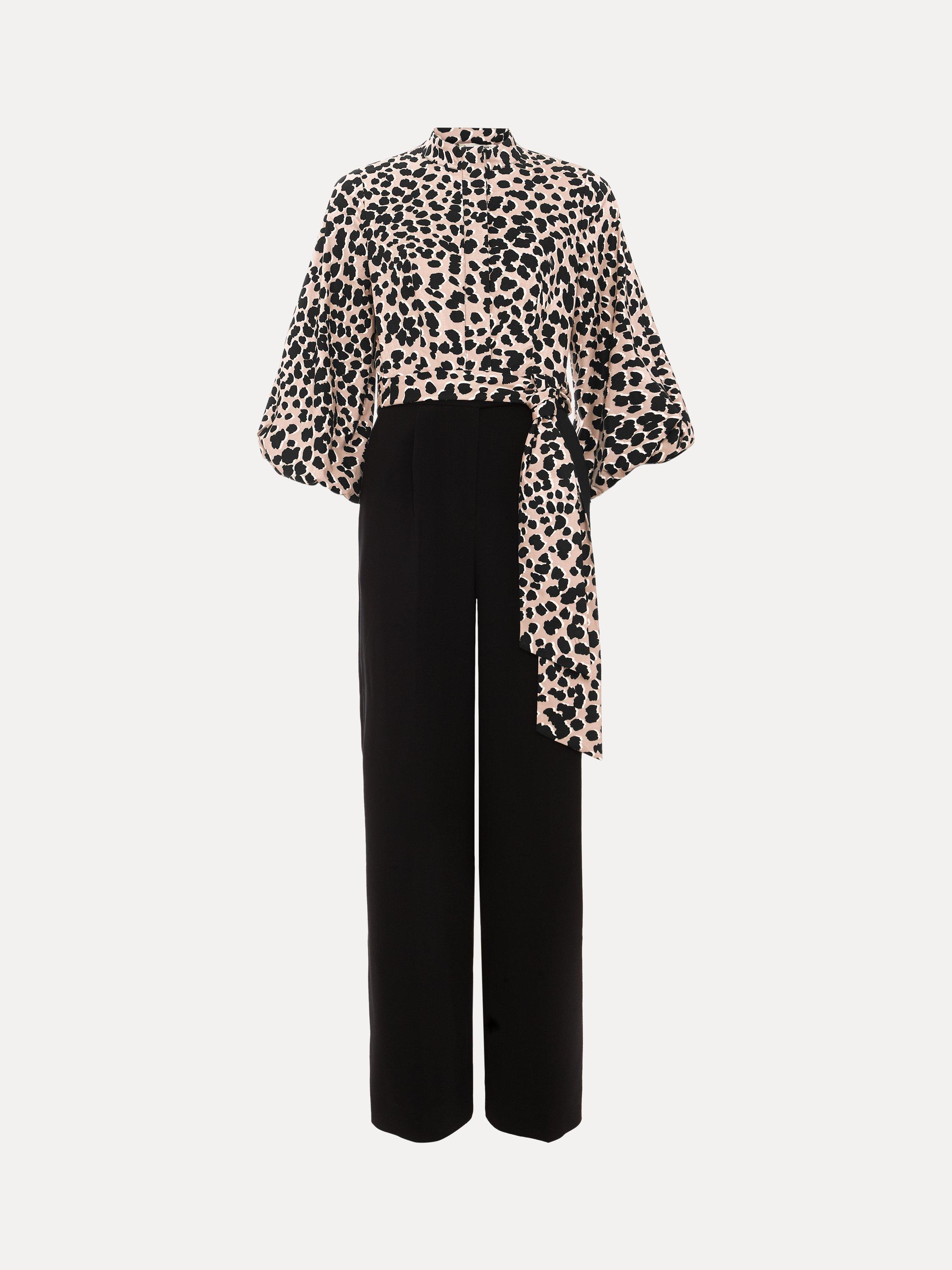 Product image 5 of 7, which shows Phase Eight Petite Bree Leopard Print Wide Leg Jumpsuit, Black/Multi, 10