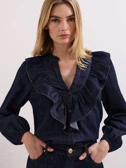 Phase Eight Alexia Ruffle Denim Shirt, Mid Wash Blue, Mid Wash Blue