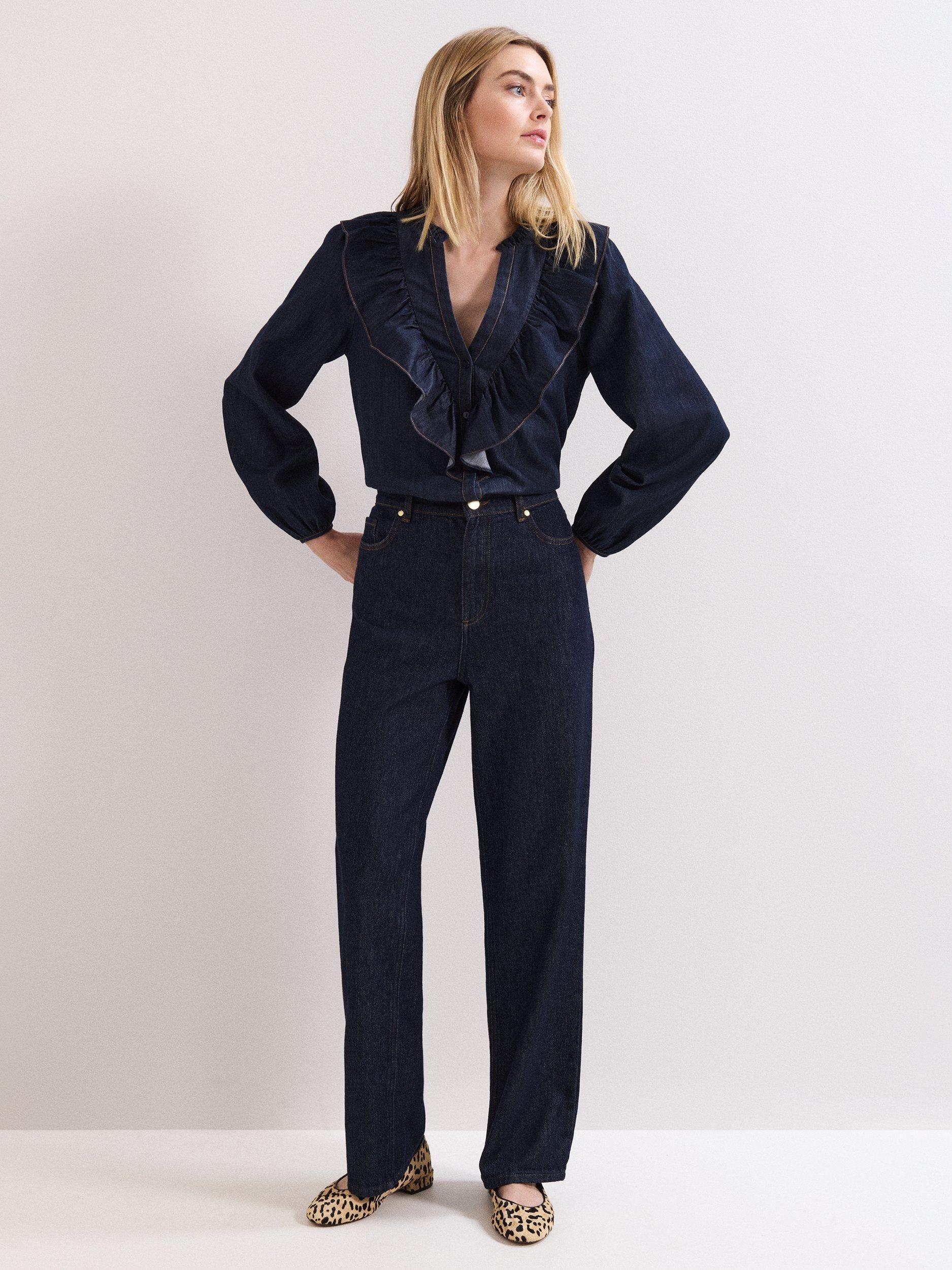 Phase Eight Alexia Ruffle Denim Shirt, Mid Wash Blue