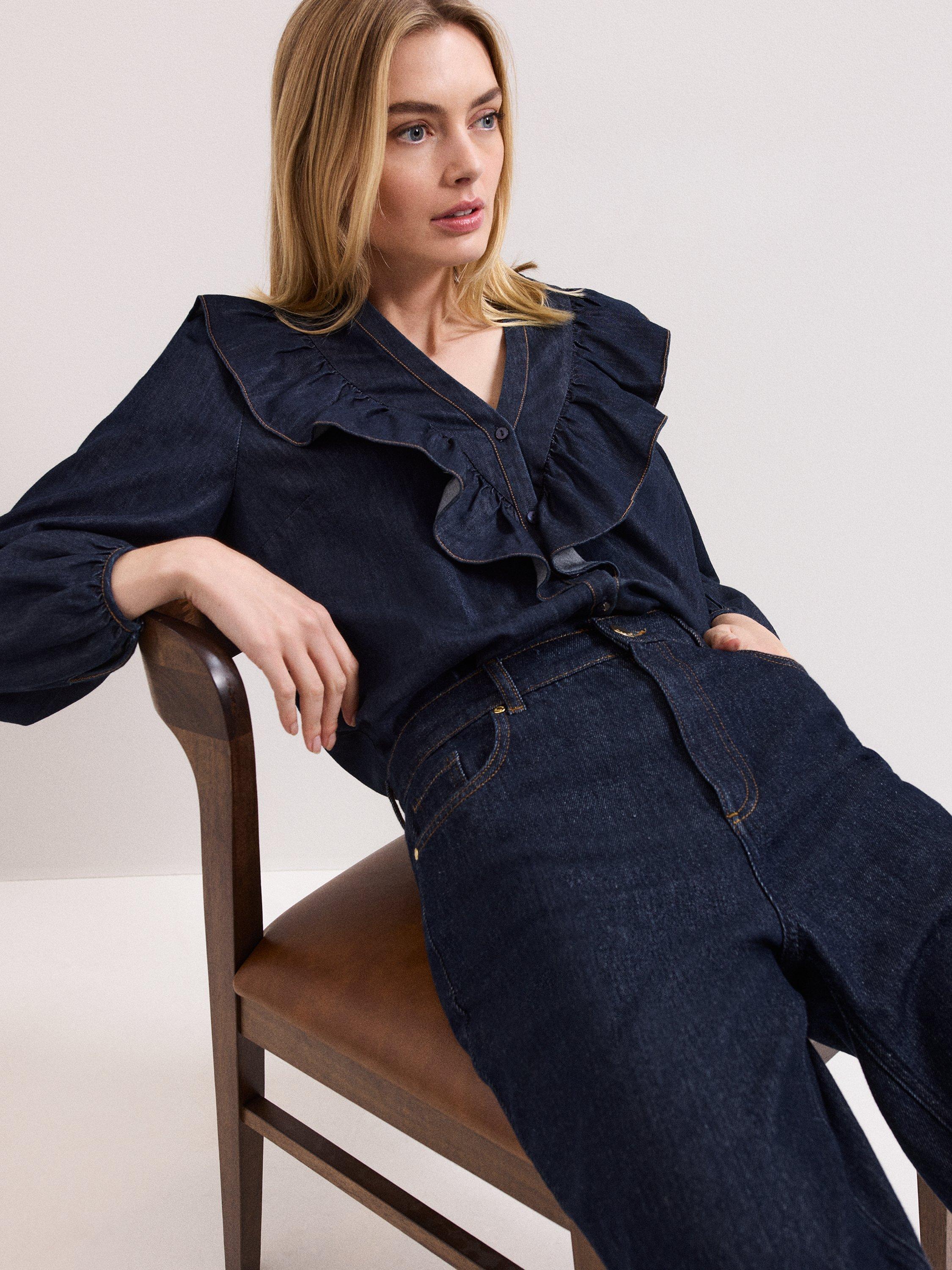 Phase Eight Alexia Ruffle Denim Shirt, Mid Wash Blue