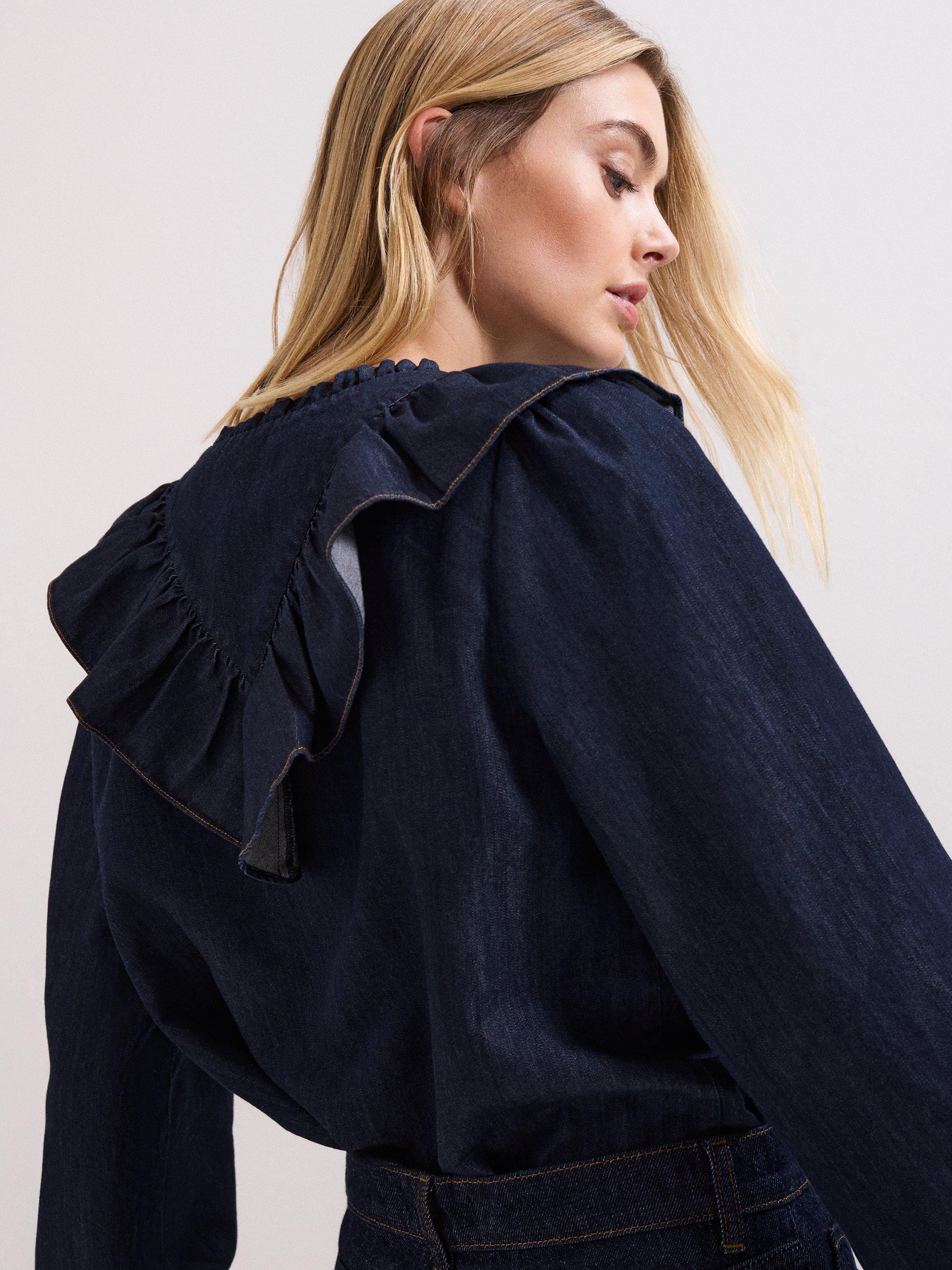 Phase Eight Alexia Ruffle Denim Shirt, Mid Wash Blue