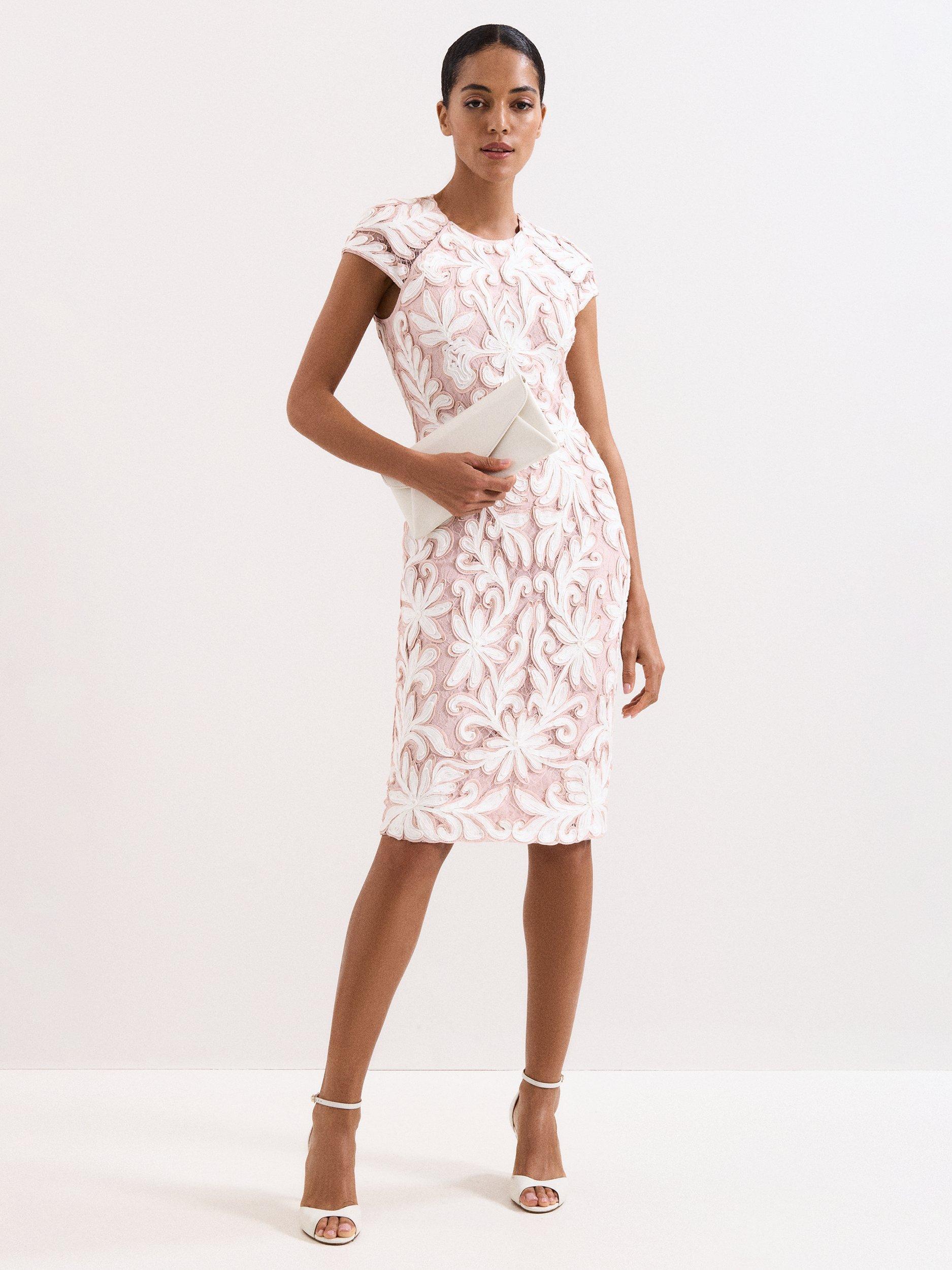 Product image 1 of 9, which shows Phase Eight Karima Tapework Dress, Pale Pink, 10