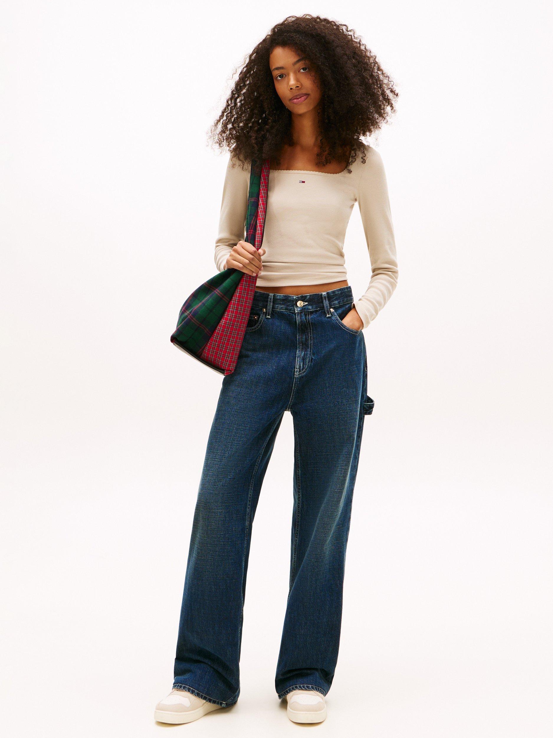 Product image 3 of 5, which shows Tommy Jeans Square Neck Long Sleeve Top, Gulf Sand, XS