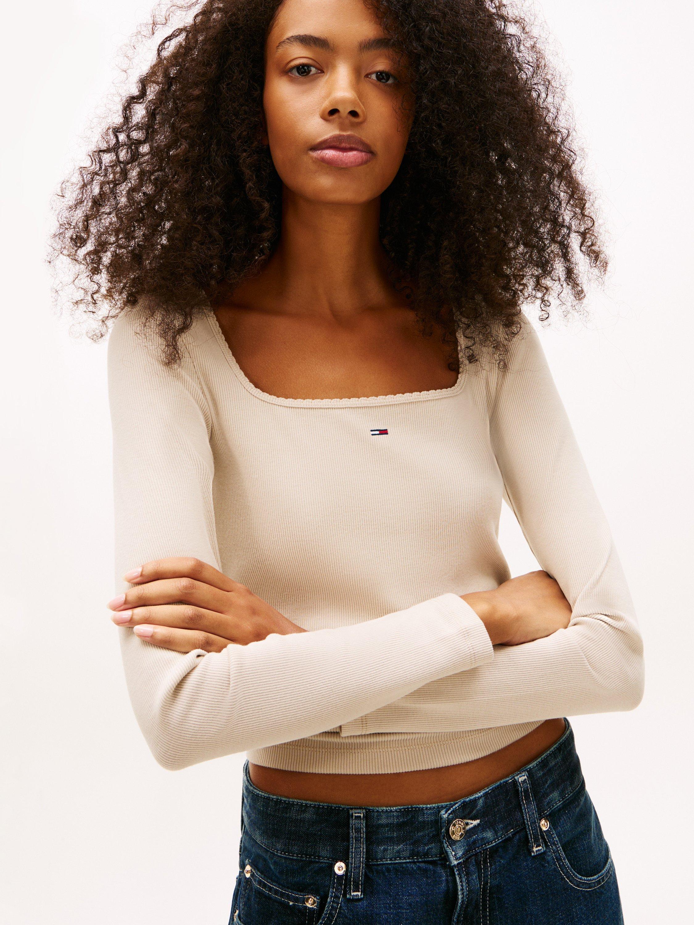 Product image 4 of 5, which shows Tommy Jeans Square Neck Long Sleeve Top, Gulf Sand, XS
