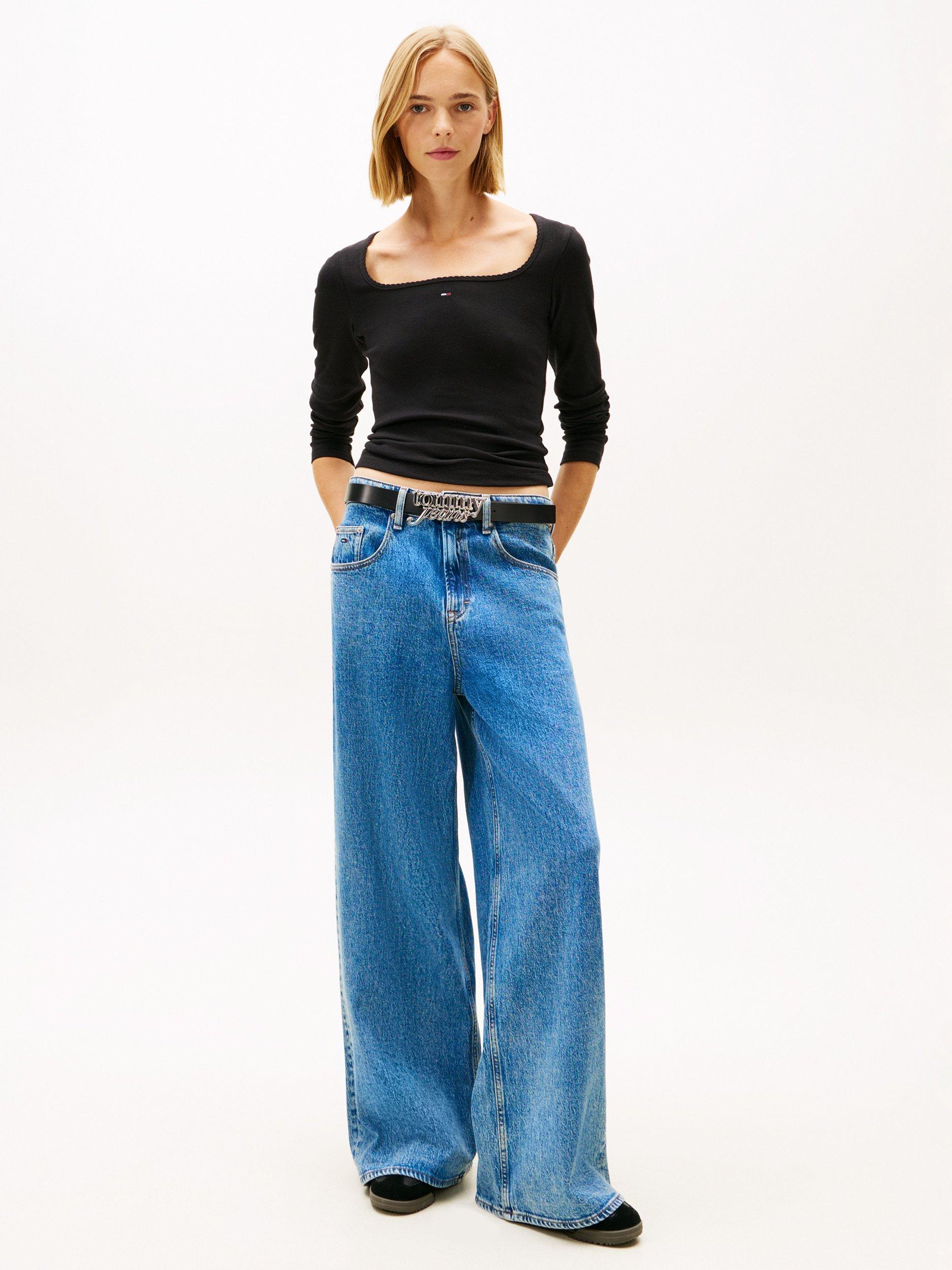 Product image 3 of 5, which shows Tommy Jeans Square Neck Long Sleeve Top, Black, XS