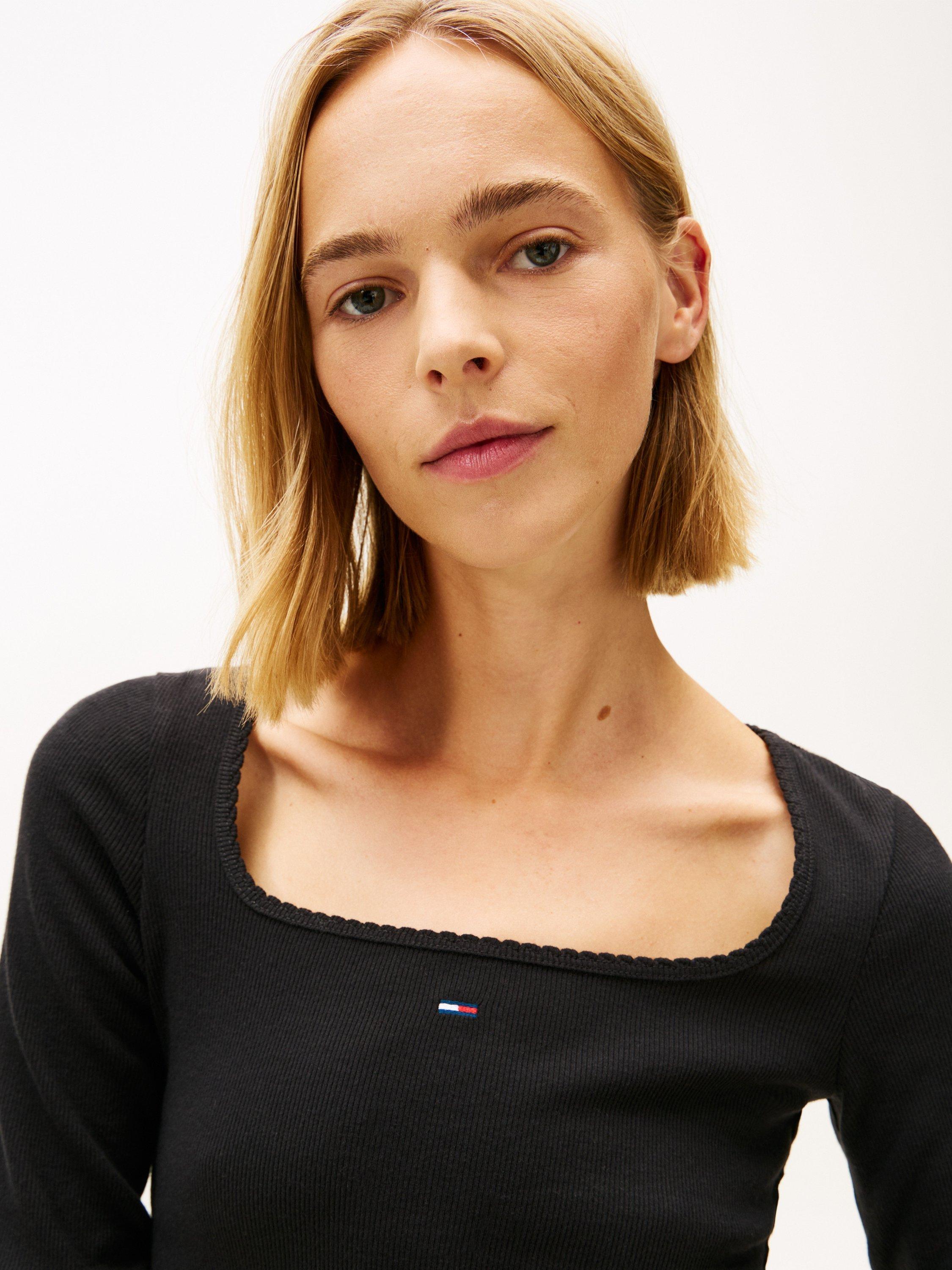 Product image 4 of 5, which shows Tommy Jeans Square Neck Long Sleeve Top, Black, XS