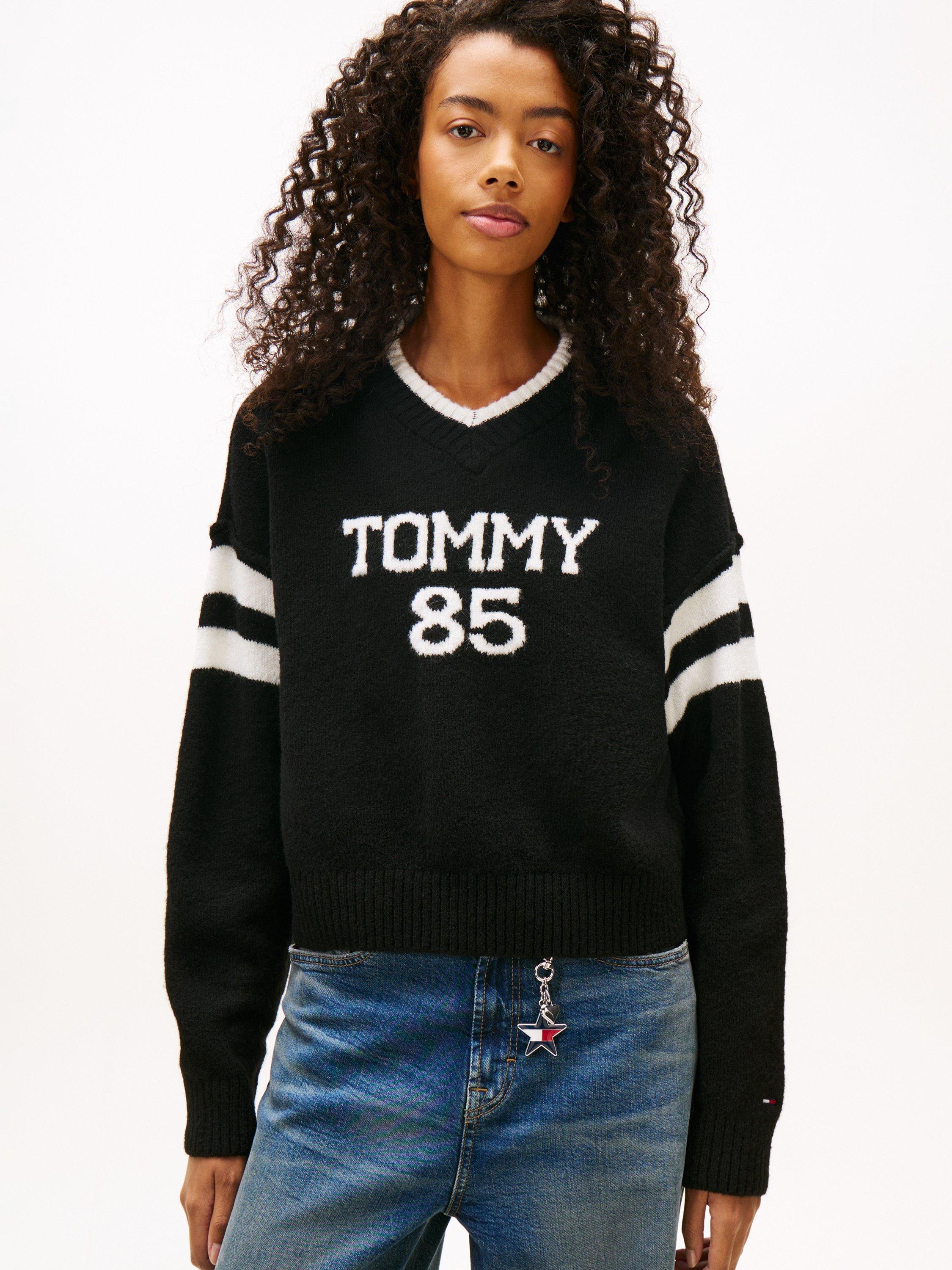 Product image 1 of 5, which shows Tommy Jeans Intarsia Logo Jumper, Black, XS