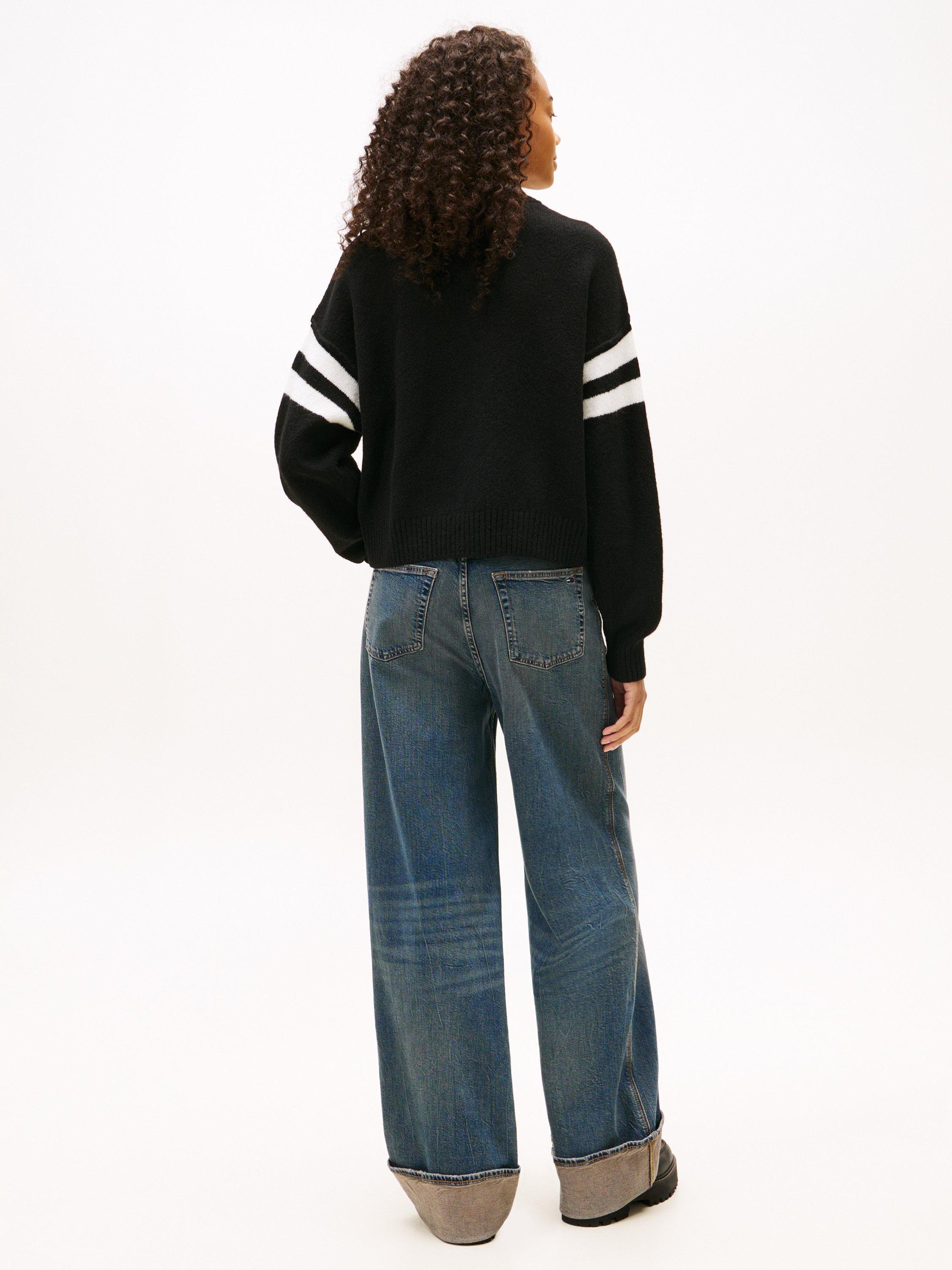 Product image 2 of 5, which shows Tommy Jeans Intarsia Logo Jumper, Black, XS