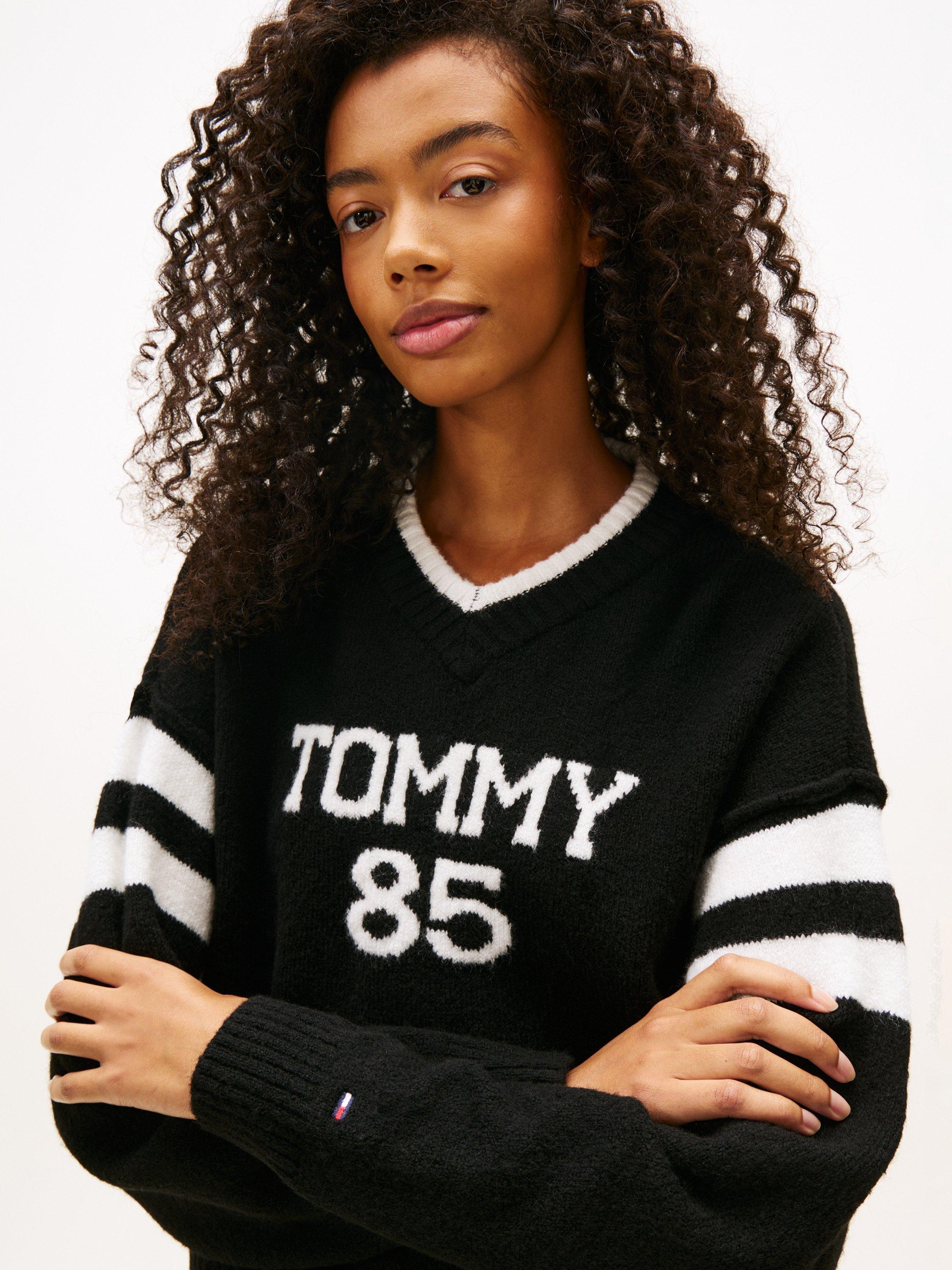 Product image 3 of 5, which shows Tommy Jeans Intarsia Logo Jumper, Black, XS