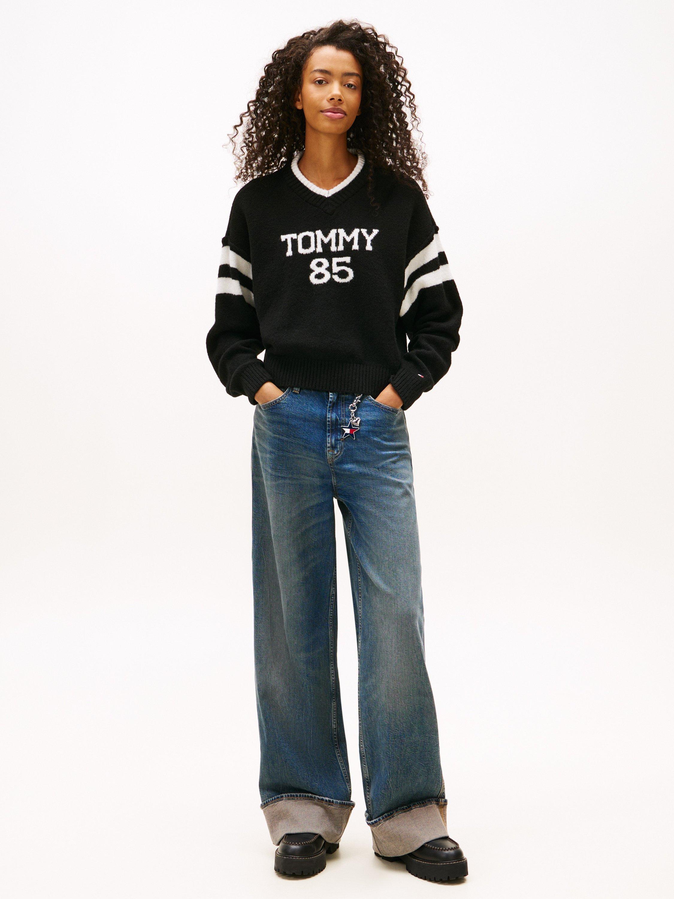Product image 4 of 5, which shows Tommy Jeans Intarsia Logo Jumper, Black, XS