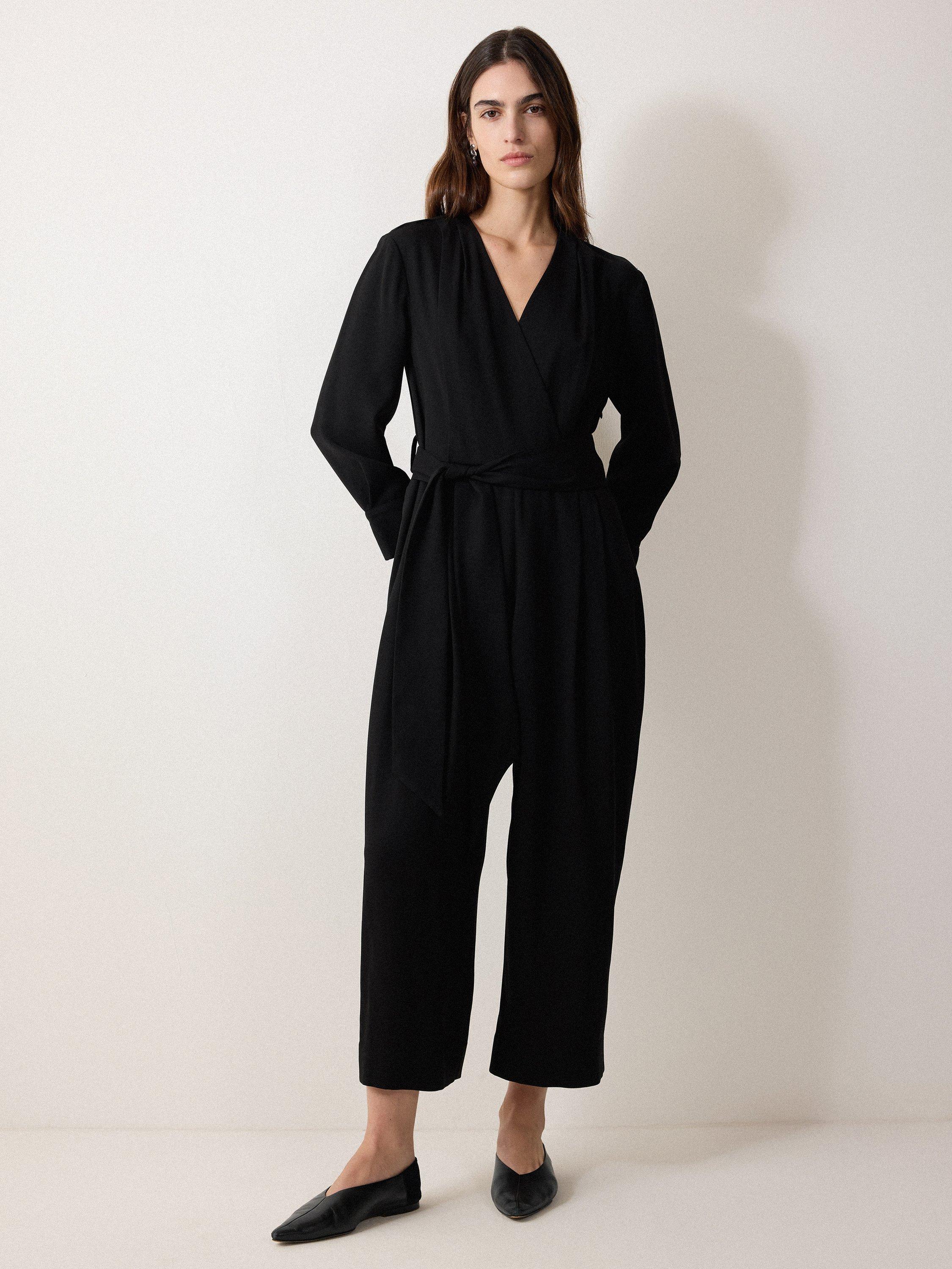 Product image 1 of 6, which shows Jigsaw Wrap Crepe Cropped Jumpsuit, Black, 6