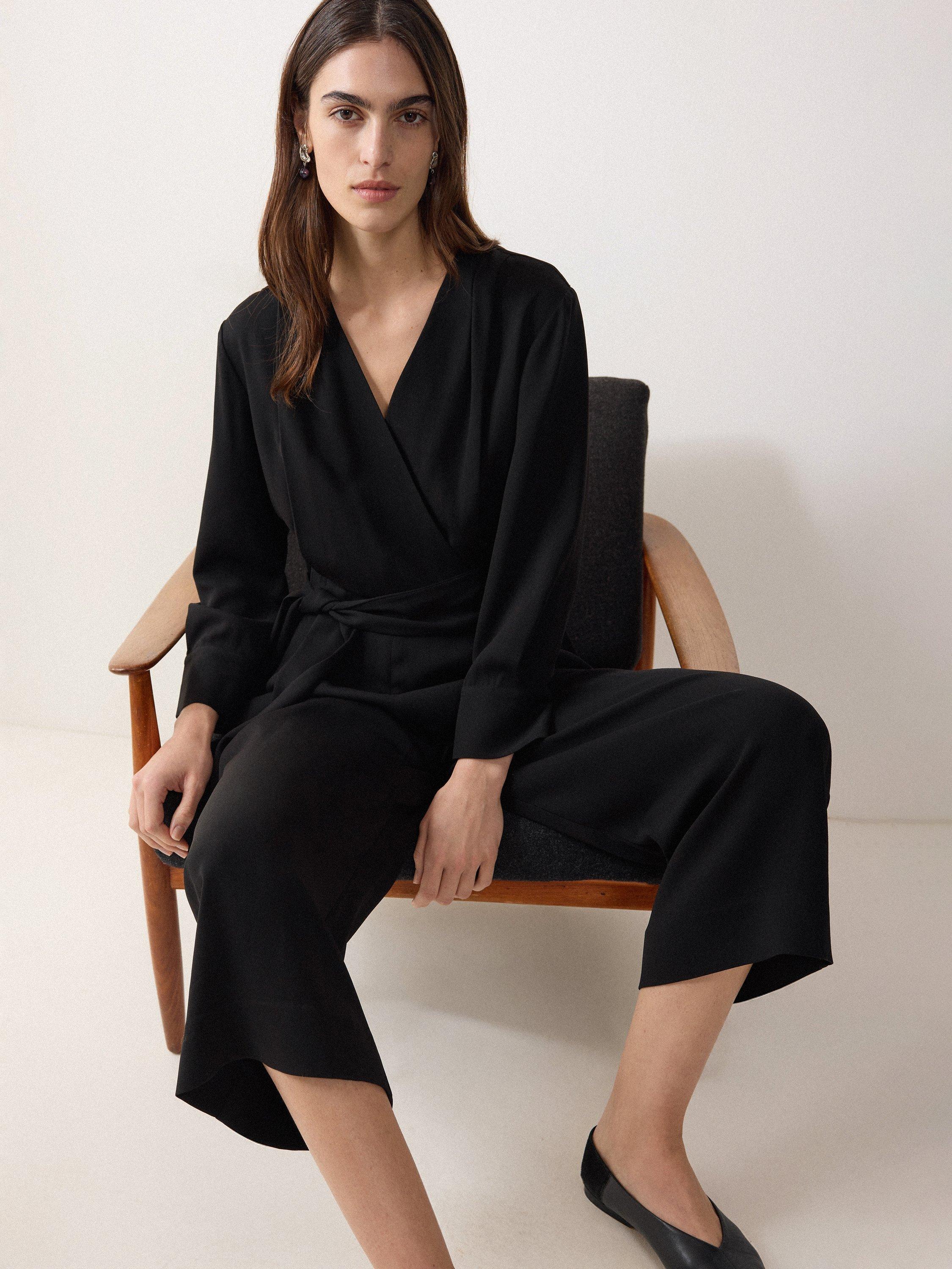 Product image 6 of 6, which shows Jigsaw Wrap Crepe Cropped Jumpsuit, Black, 6