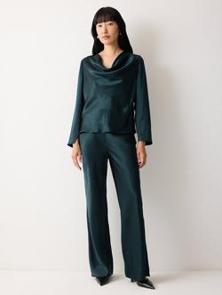 Jigsaw Satin Drape Neck Top, Dark Green, Dark Green