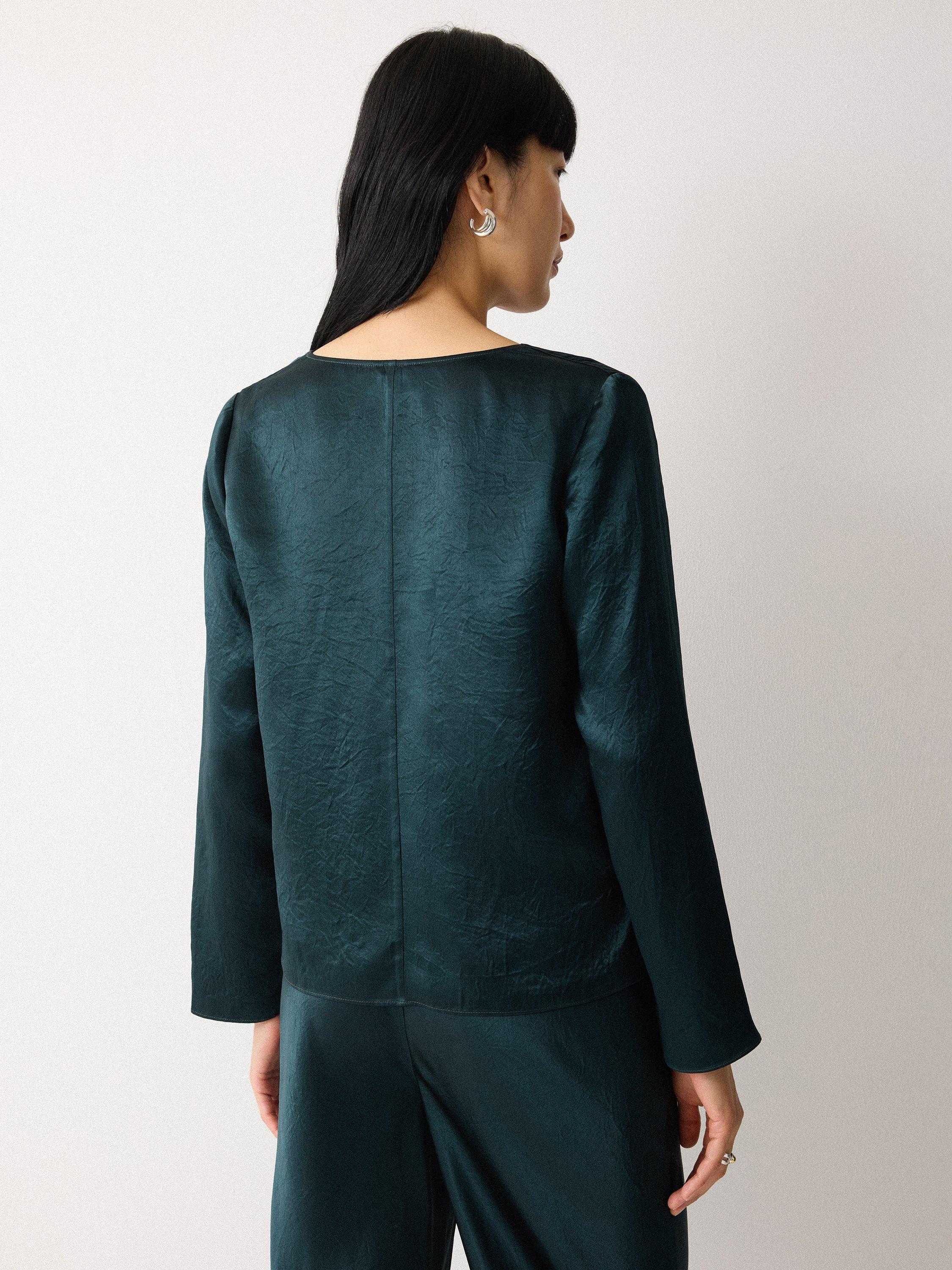Product image 2 of 4, which shows Jigsaw Satin Drape Neck Top, Dark Green, 6