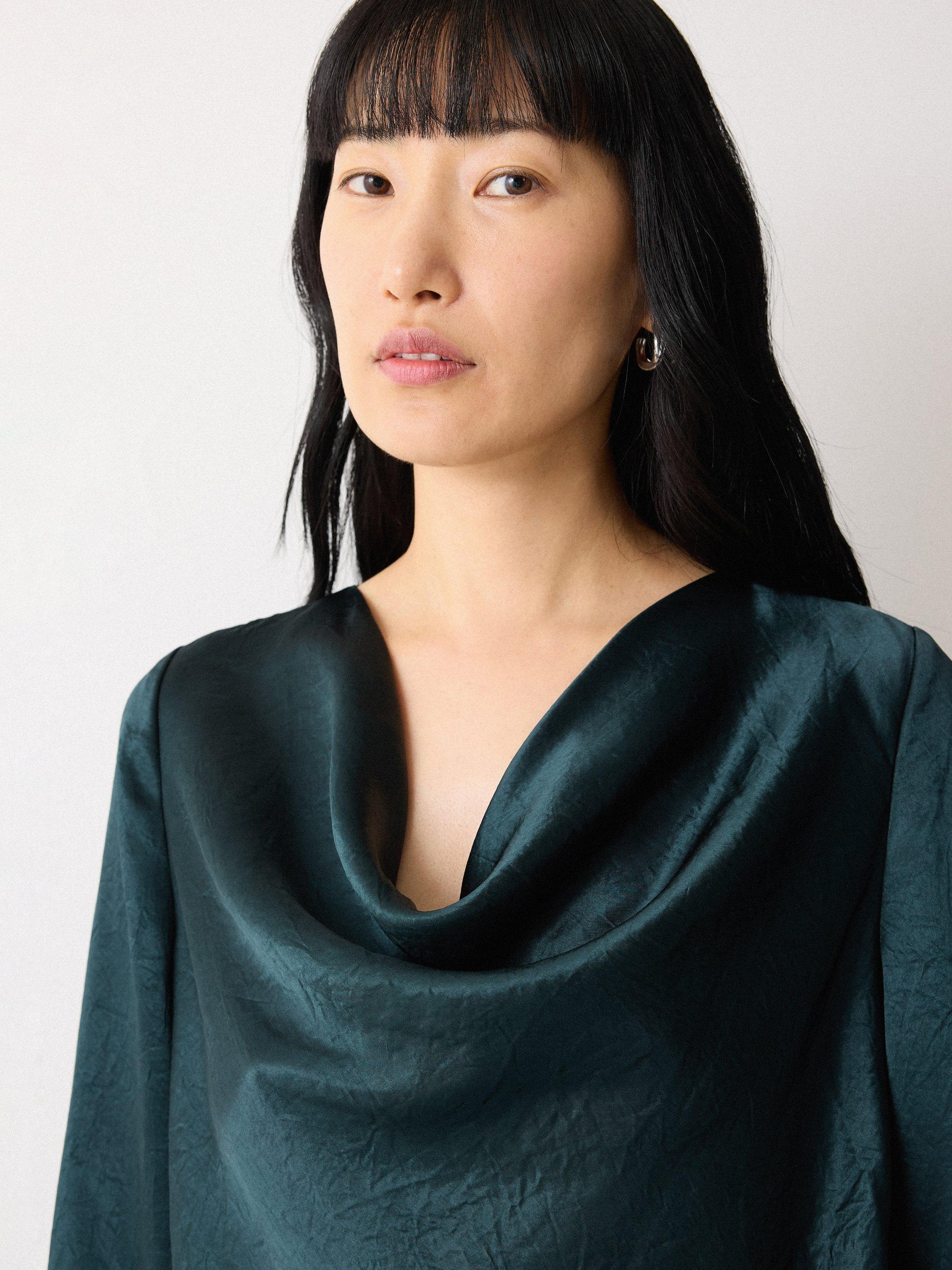 Product image 3 of 4, which shows Jigsaw Satin Drape Neck Top, Dark Green, 6