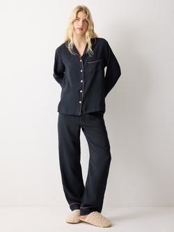 Jigsaw Piped Button Through Long Pyjama Set, Navy, Navy
