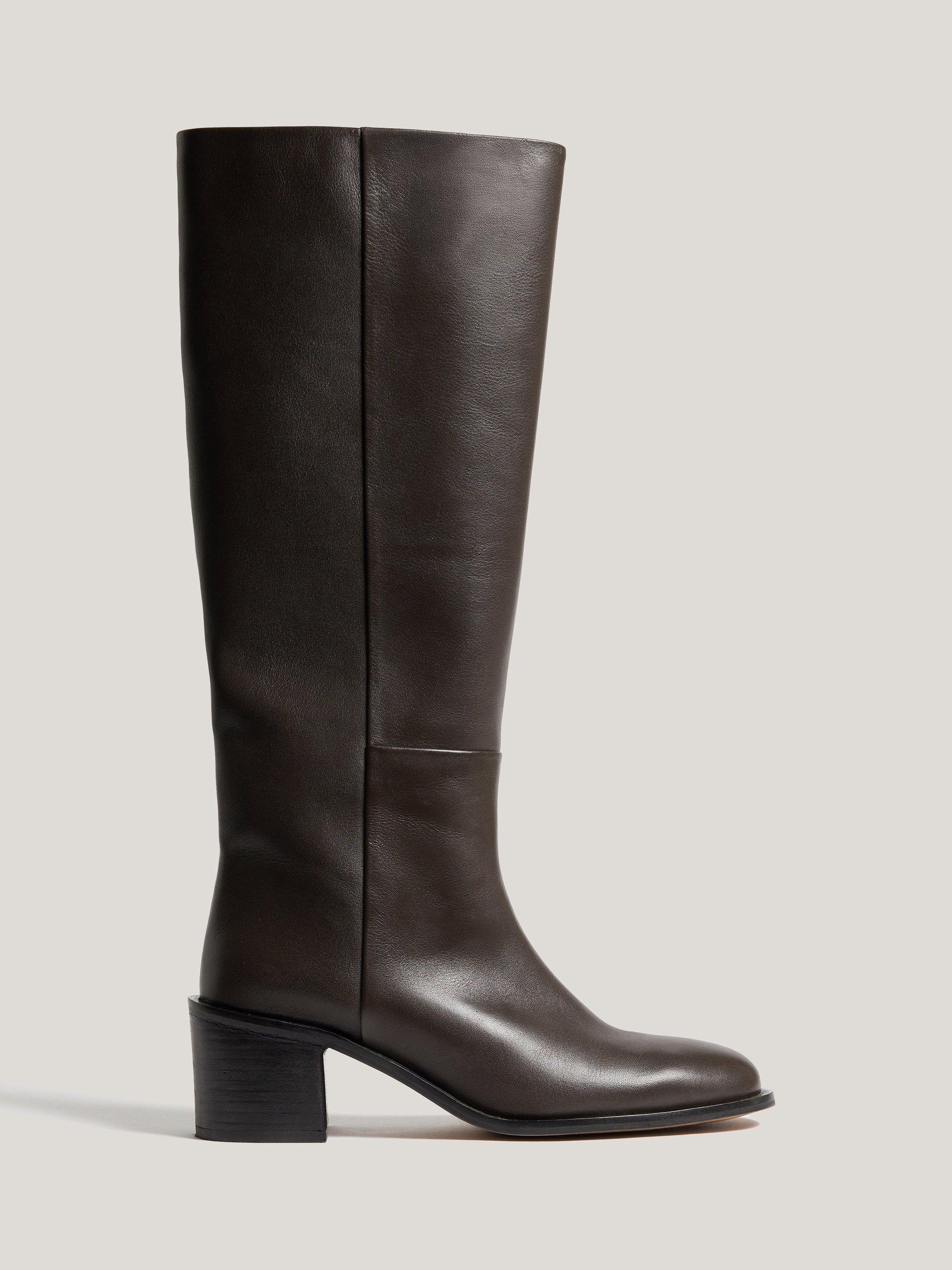 Product image 1 of 7, which shows Jigsaw Leather Block Heel Riding Boots, Brown, EU36