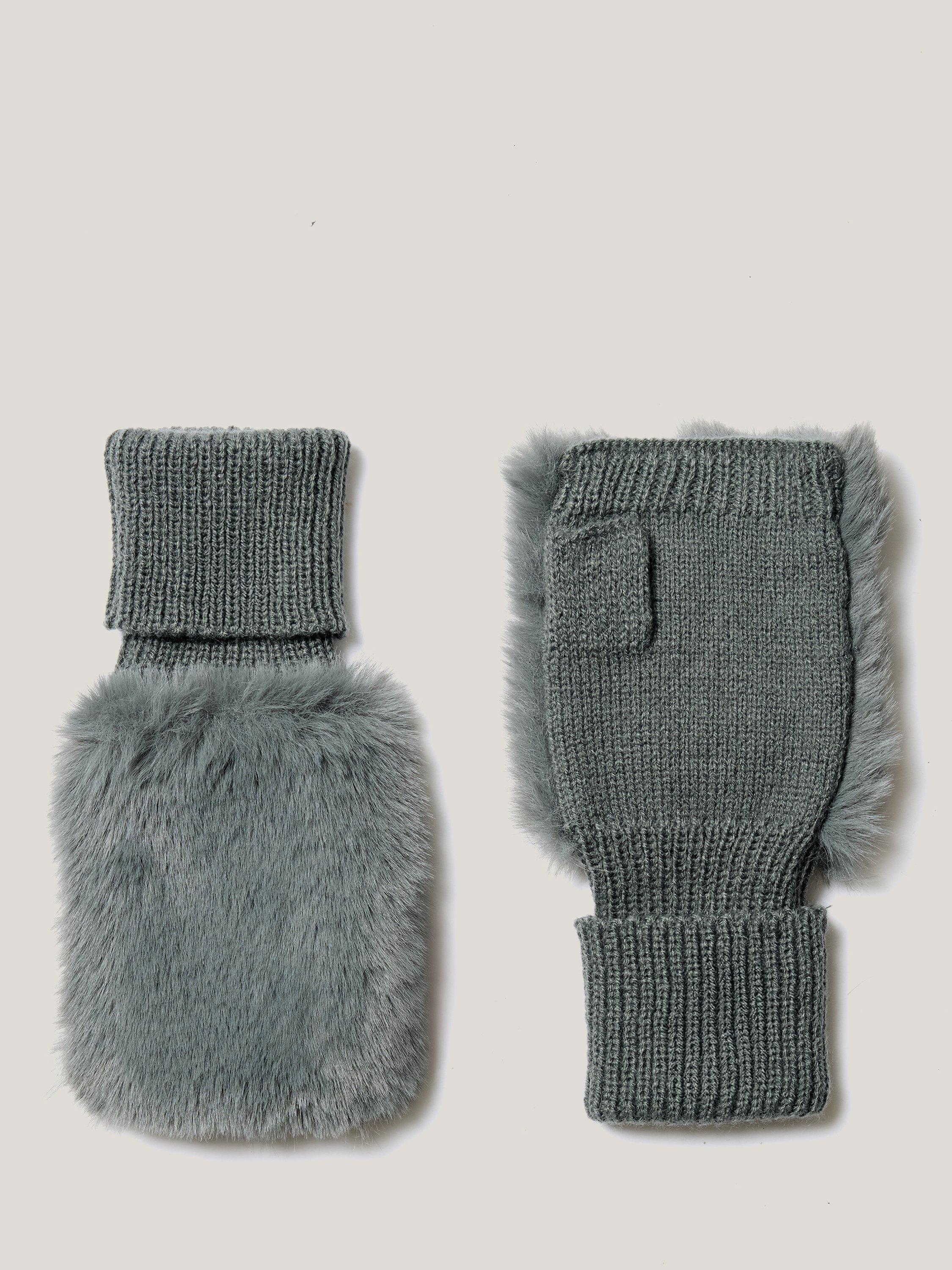Product image 1 of 5, which shows Jigsaw Faux Fur Mittens, Blue, One Size