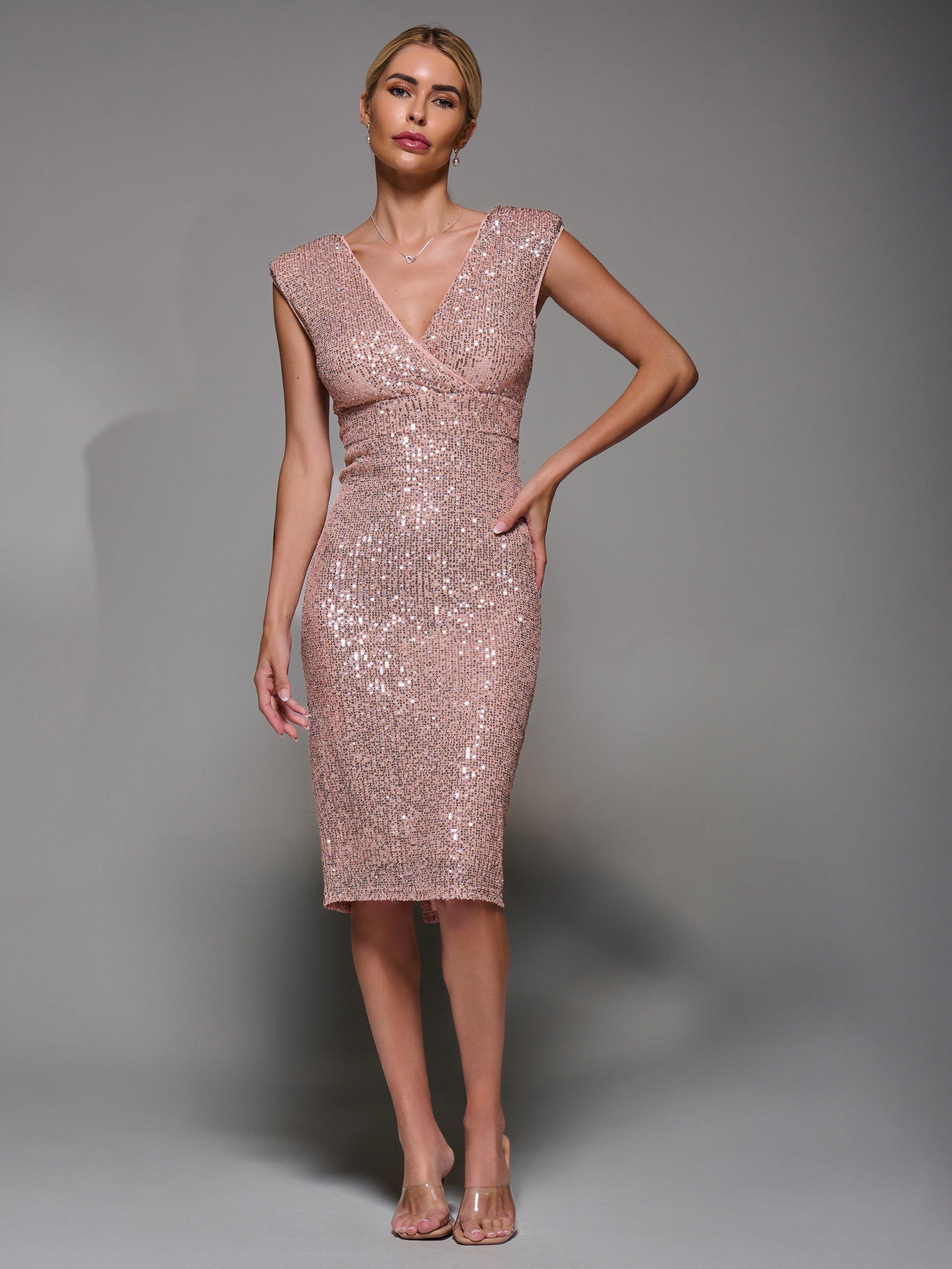 Product image 1 of 7, which shows Jolie Moi Sequin Wrap Midi Dress, Rose Pink, 8