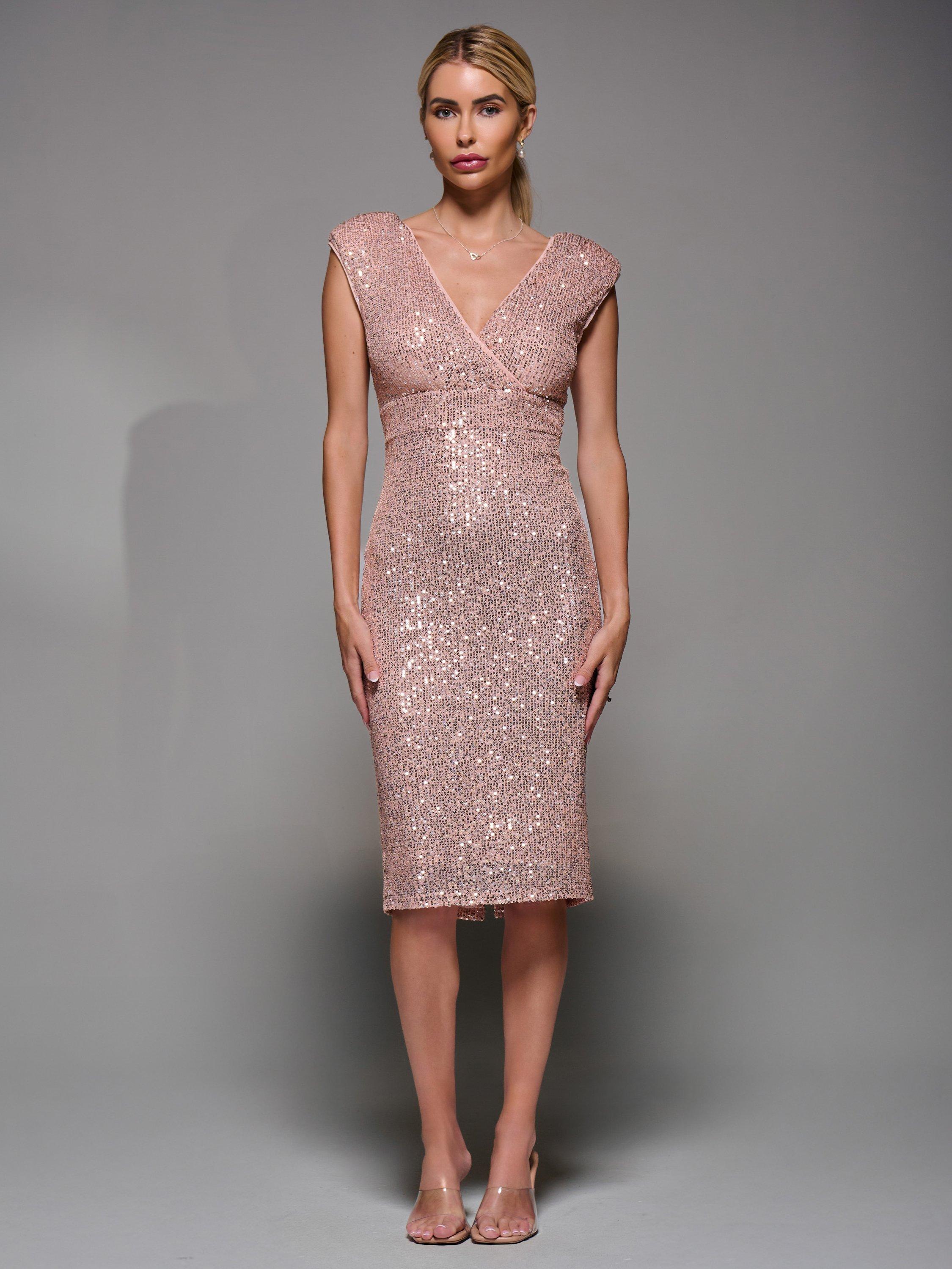 Product image 5 of 7, which shows Jolie Moi Sequin Wrap Midi Dress, Rose Pink, 8