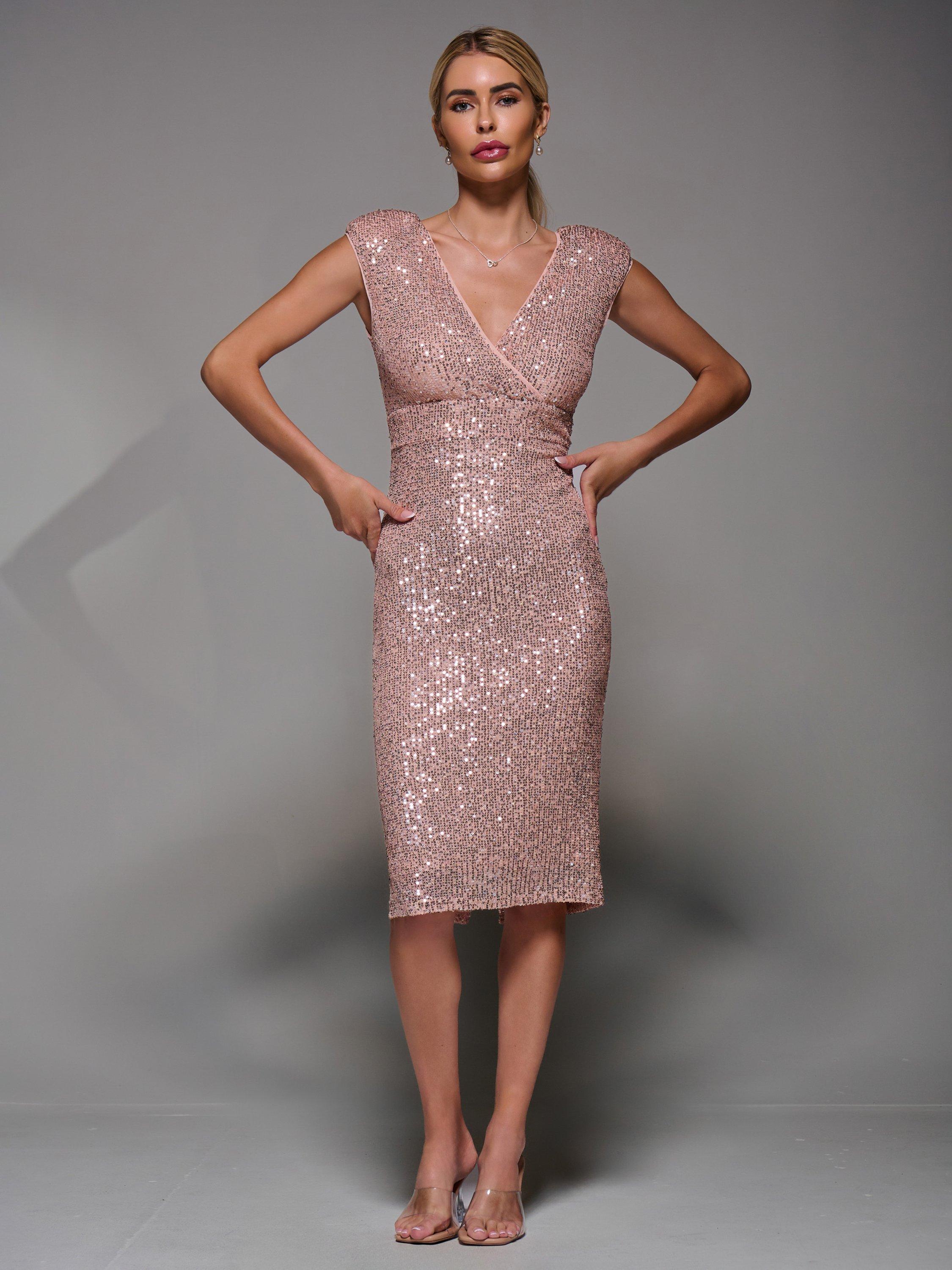 Product image 6 of 7, which shows Jolie Moi Sequin Wrap Midi Dress, Rose Pink, 8