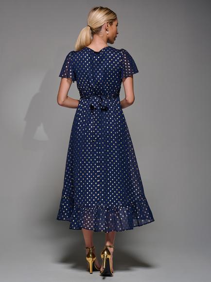 Jolie Moi Petite Short Sleeve Metallic Dress - view 2, Navy/Gold