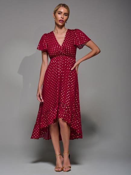Jolie Moi Petite Short Sleeve Metallic Dress, Burgundy