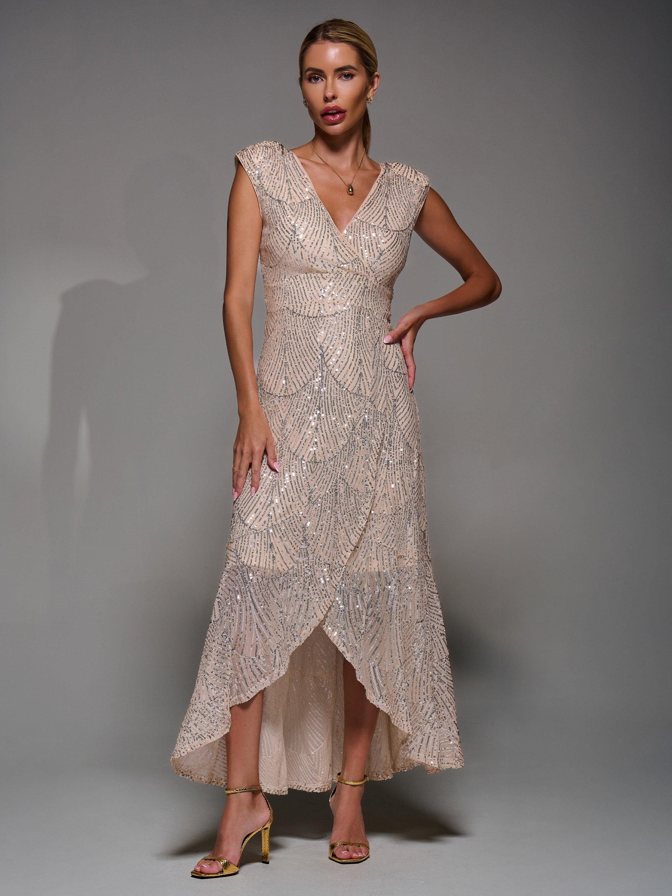Product image 1 of 7, which shows Jolie Moi Sequin Asymmetric Dress, Beige Silver, 8