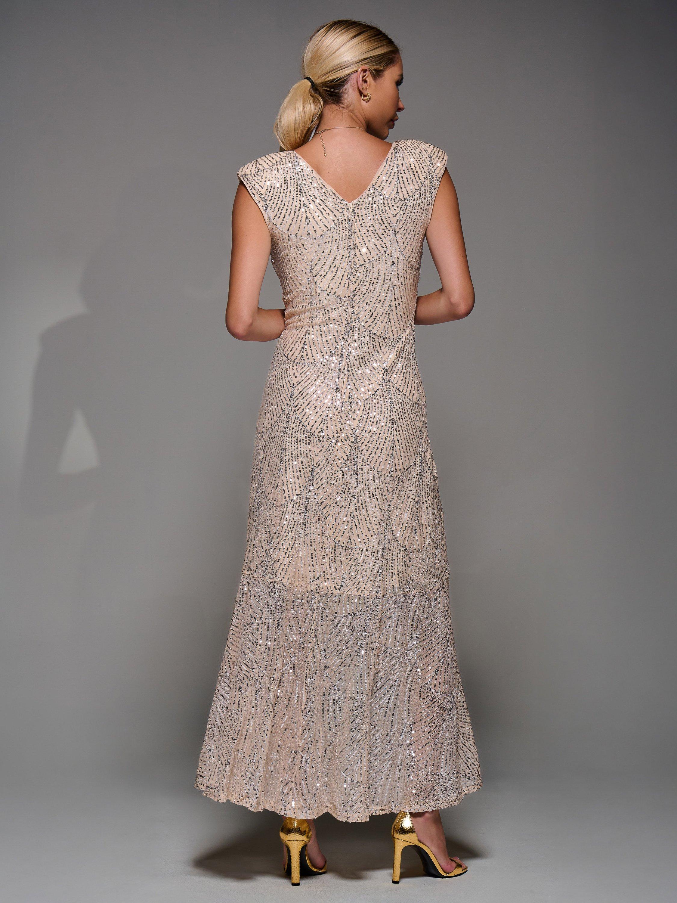 Product image 2 of 7, which shows Jolie Moi Sequin Asymmetric Dress, Beige Silver, 8