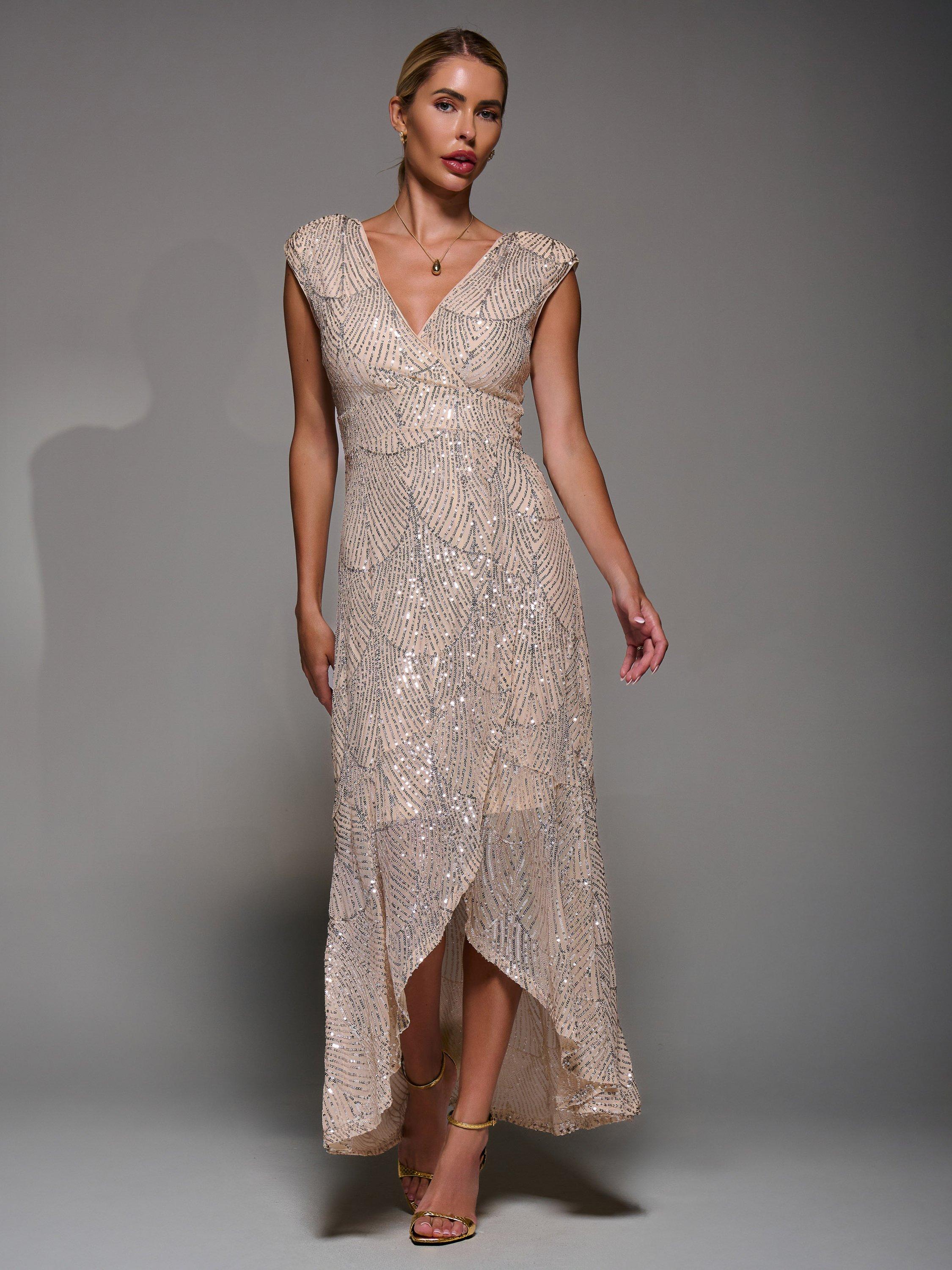 Product image 3 of 7, which shows Jolie Moi Sequin Asymmetric Dress, Beige Silver, 8