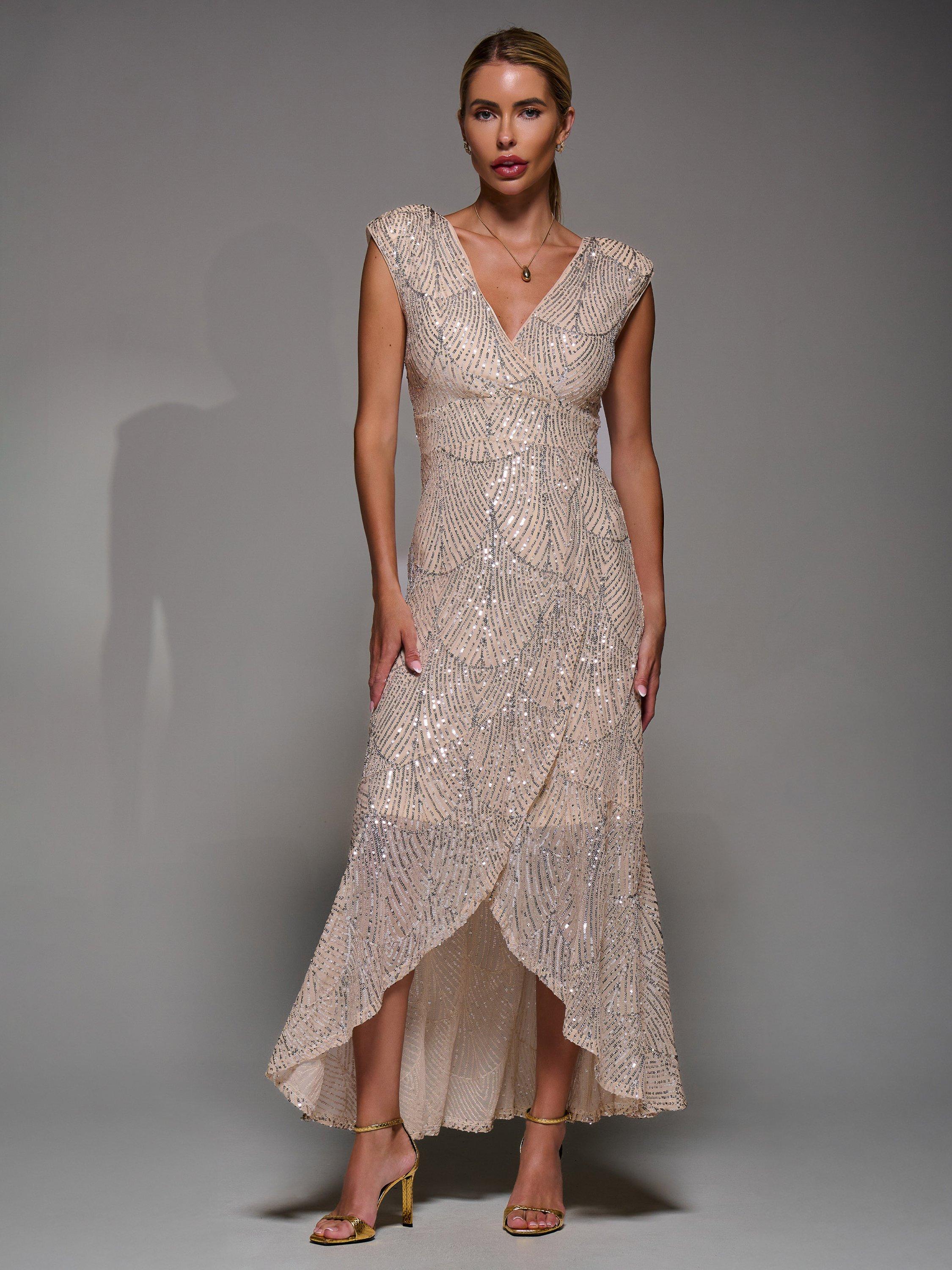 Product image 5 of 7, which shows Jolie Moi Sequin Asymmetric Dress, Beige Silver, 8