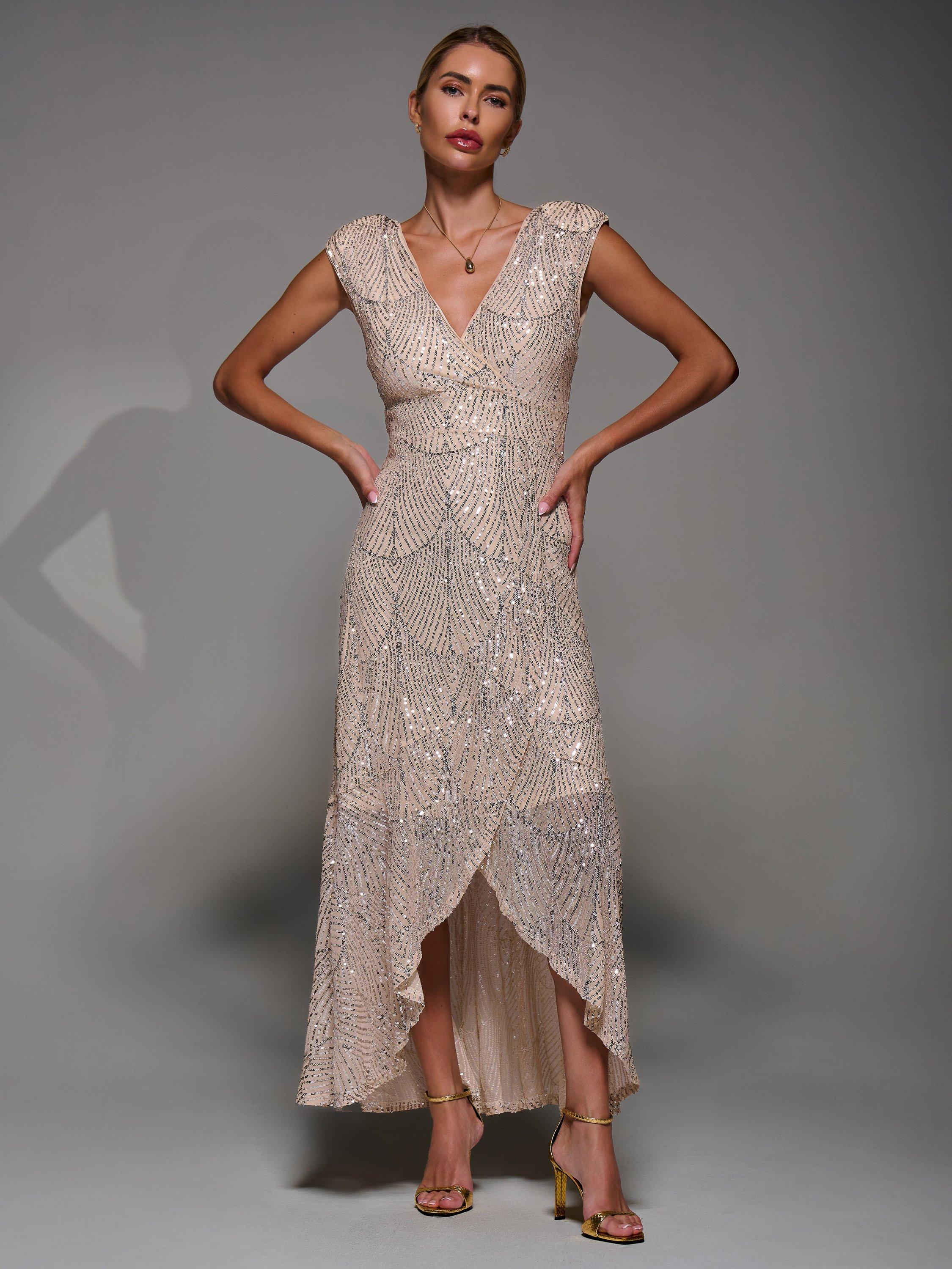 Product image 7 of 7, which shows Jolie Moi Sequin Asymmetric Dress, Beige Silver, 8