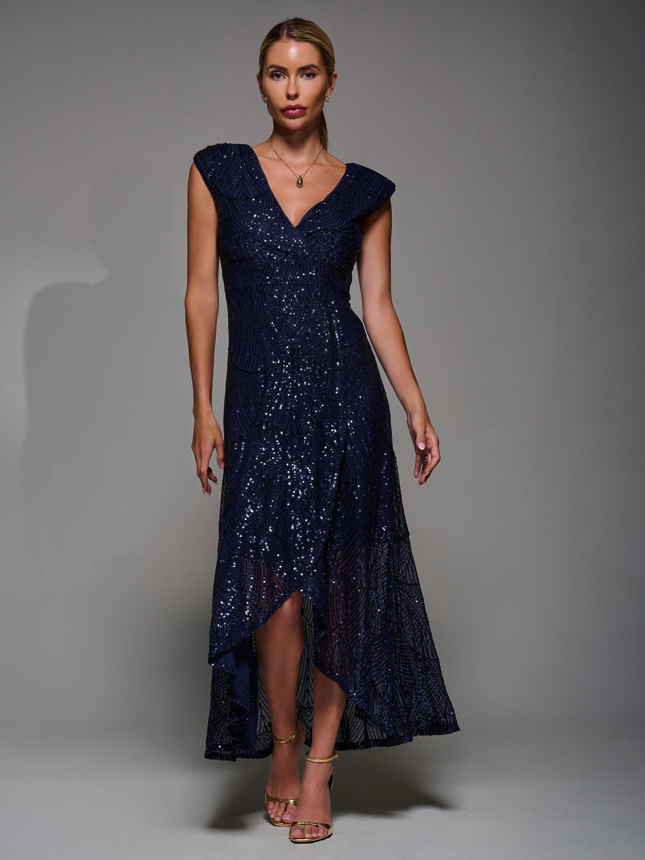 Product image 1 of 7, which shows Jolie Moi Sequin Asymmetric Dress, Navy, 8