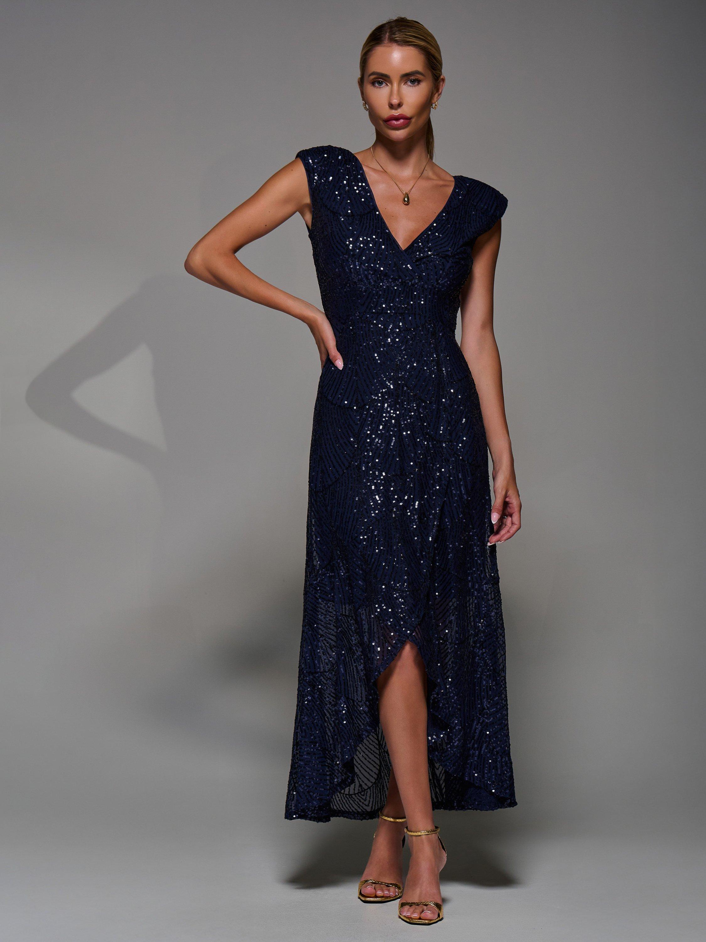Product image 3 of 7, which shows Jolie Moi Sequin Asymmetric Dress, Navy, 8