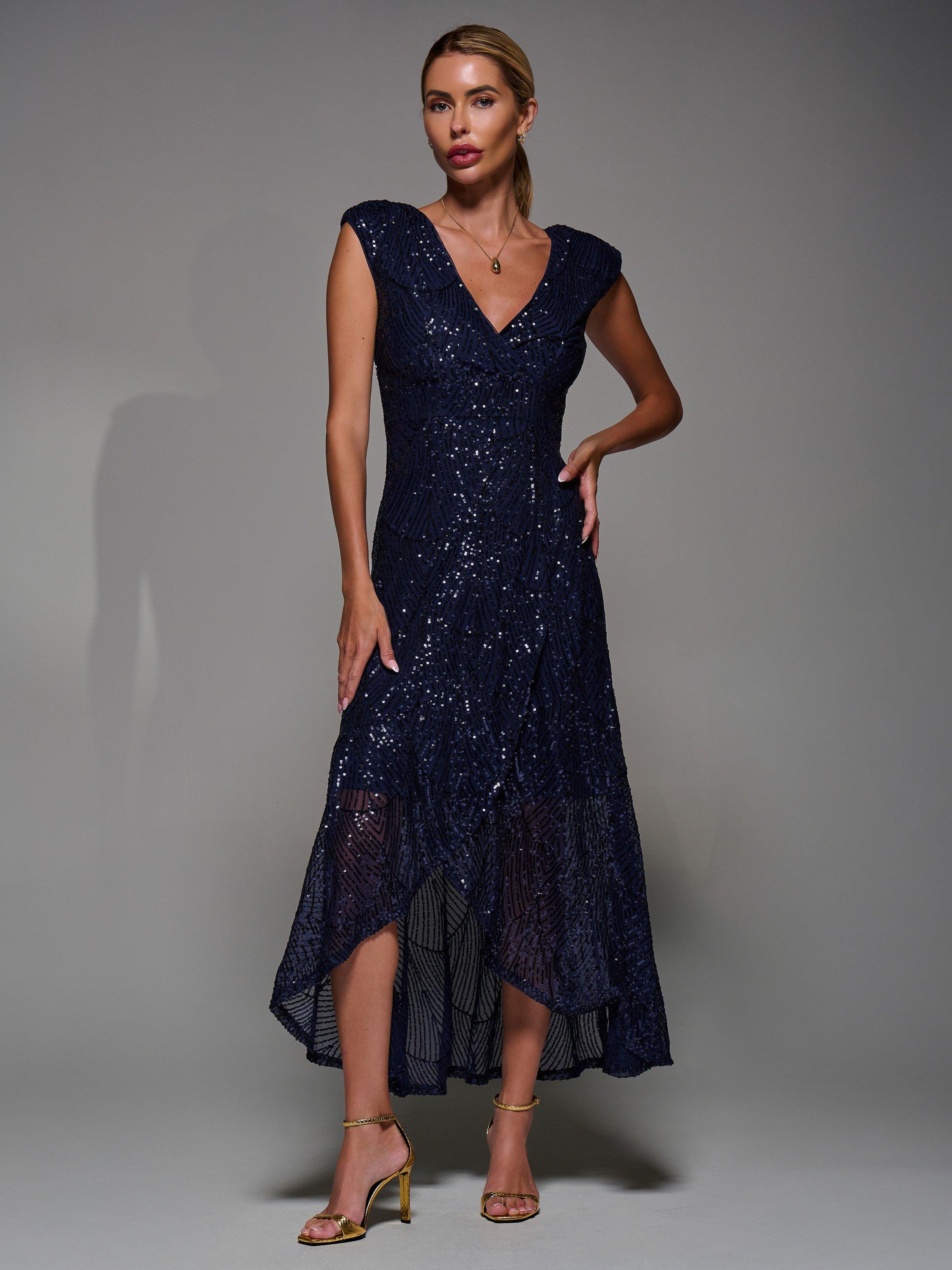 Product image 5 of 7, which shows Jolie Moi Sequin Asymmetric Dress, Navy, 8