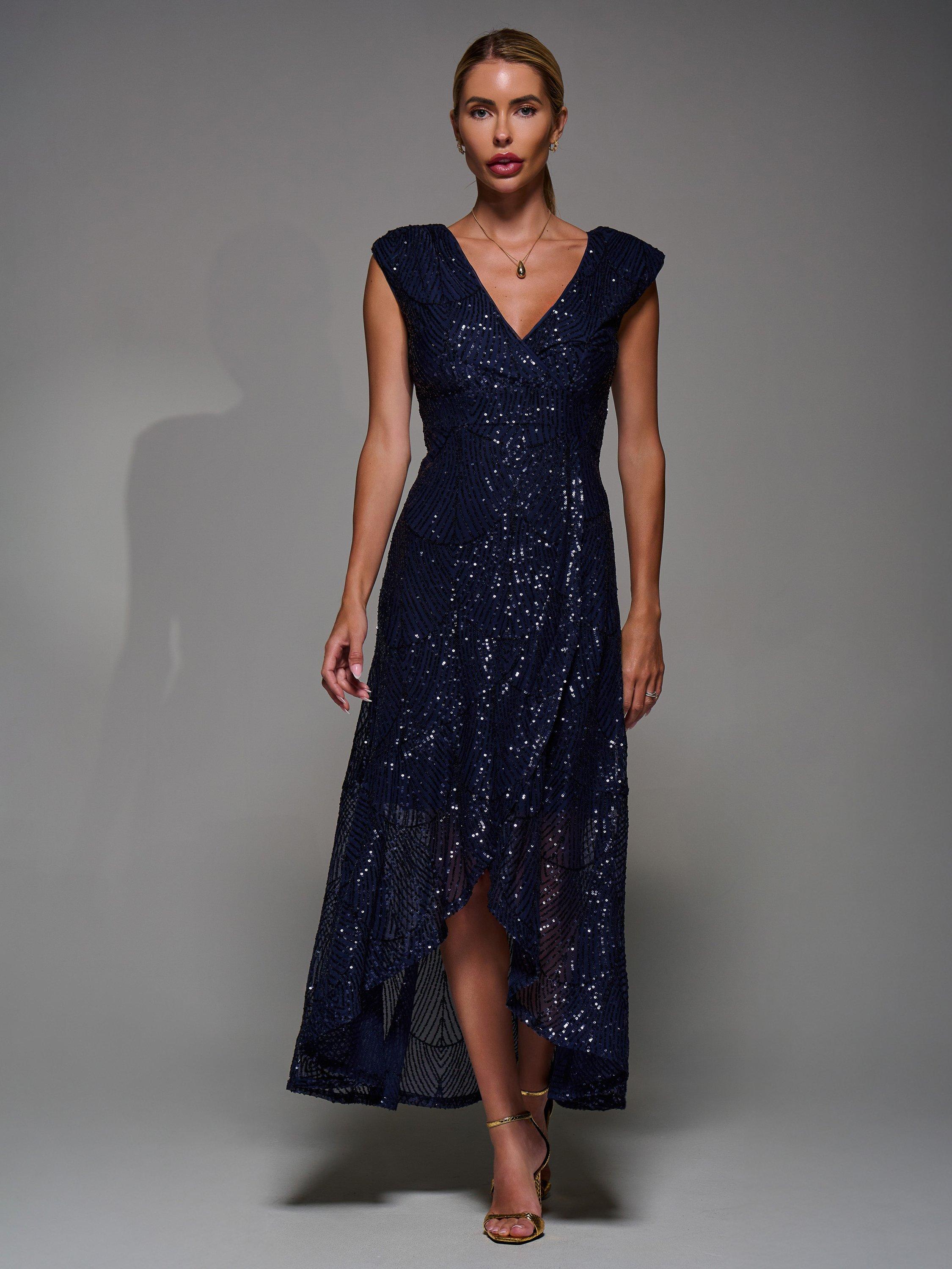 Product image 6 of 7, which shows Jolie Moi Sequin Asymmetric Dress, Navy, 8