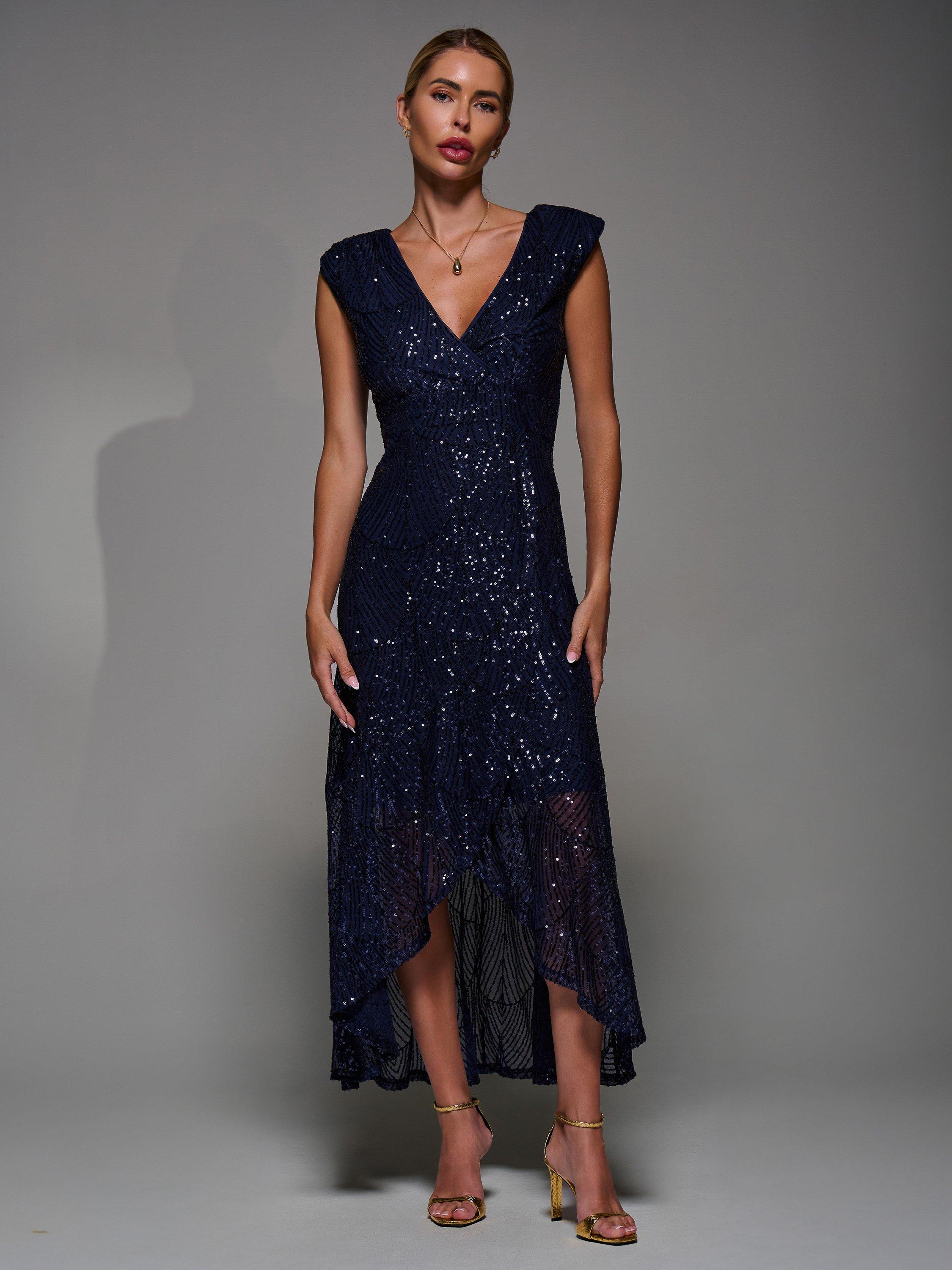 Product image 7 of 7, which shows Jolie Moi Sequin Asymmetric Dress, Navy, 8