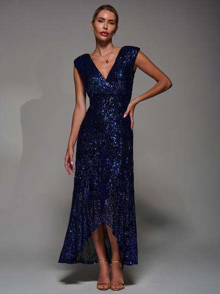Jolie Moi Sequin Asymmetric Dress, Black Royal Blue, Black Royal Blue