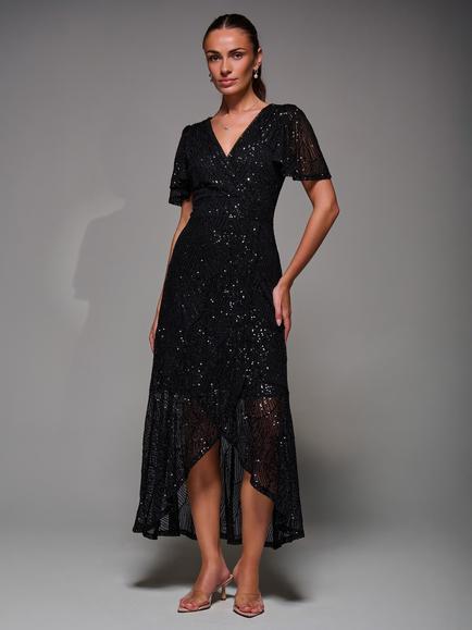 Jolie Moi Angel Sleeve Sequin Dress, Black, Black