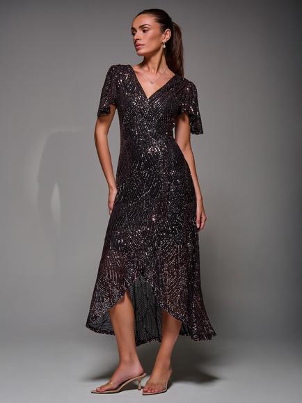 Jolie Moi Angel Sleeve Sequin Dress, Black Rose Gold, Black Rose Gold