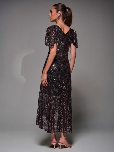 Jolie Moi Angel Sleeve Sequin Dress, Black Rose Gold - view 2, Black Rose Gold