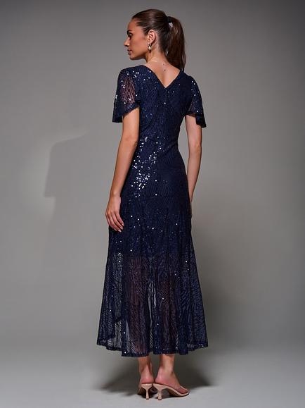 Jolie Moi Angel Sleeve Sequin Dress, Navy - view 2, Navy